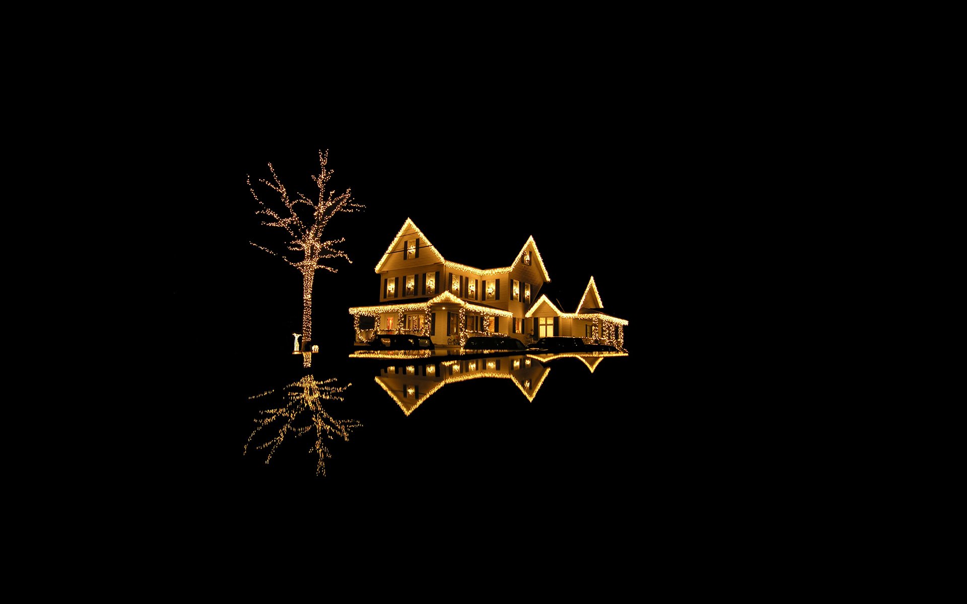 new year holiday merry christmas black background house accommodation building light lights gold tree reflection
