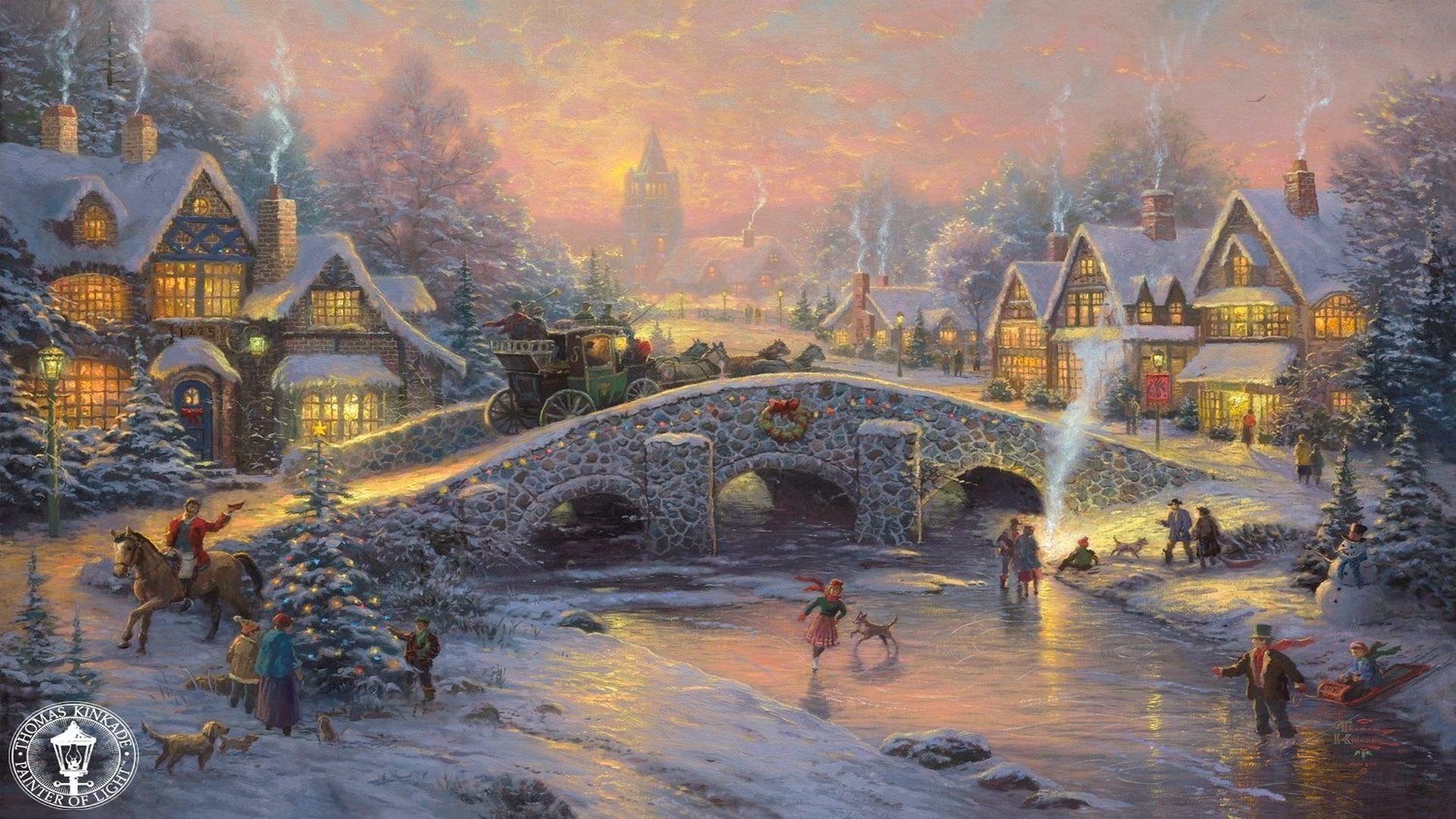 spirit of christmas thomas kinkade christmas spirit beautiful christmas village bridge coach royal horses roller sled elegant christmas tree holiday