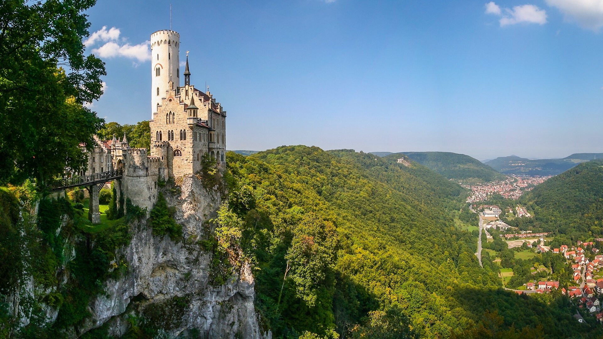lichtenstein castle württemberg baden-württemberg germany baden- wurttemberg castle rock mountain valley panorama