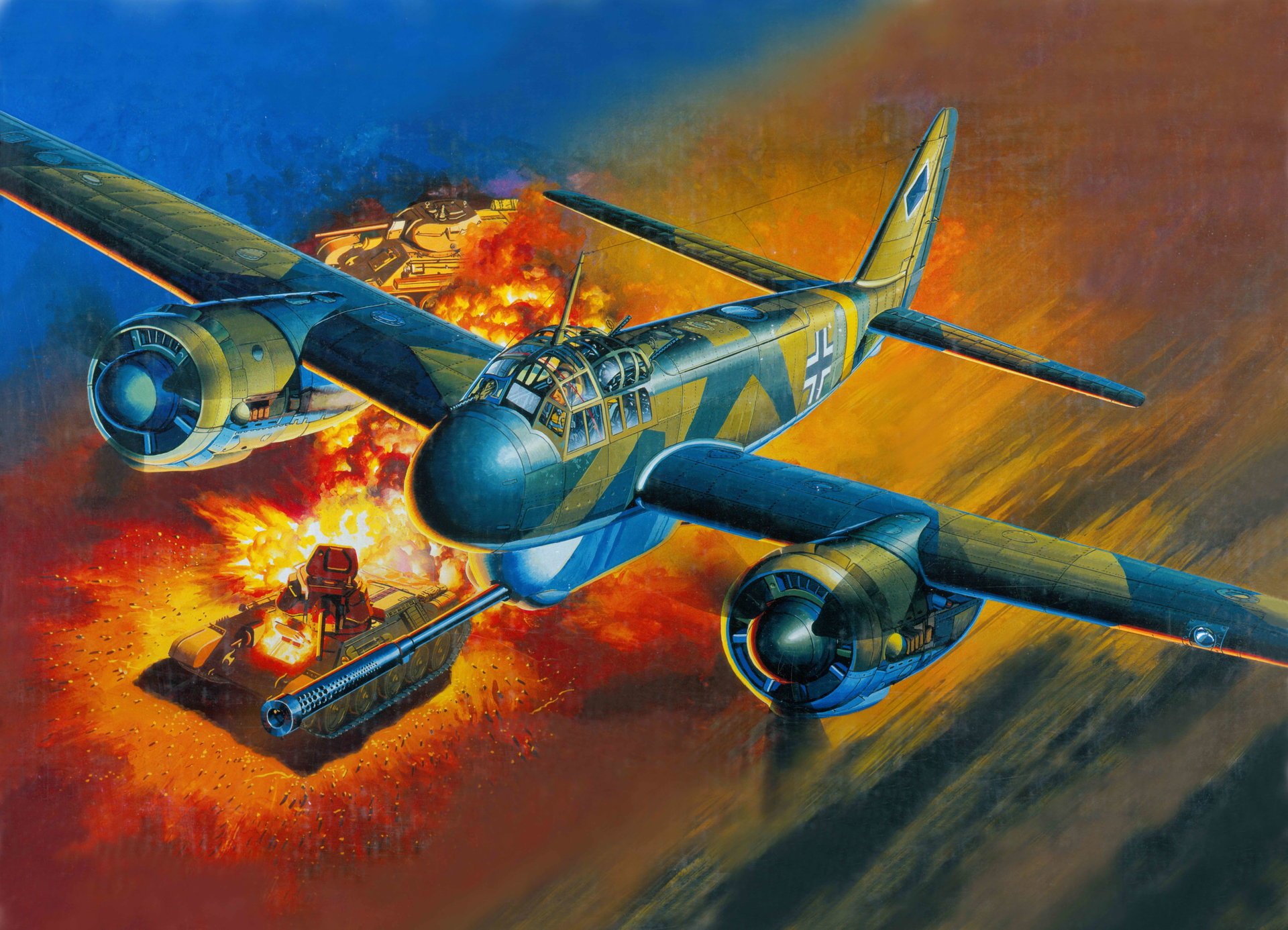 art war sky junkers ju.88 p-1 pak 40 anti gun german attack tank destroyer t -34 soviet medium tank fire