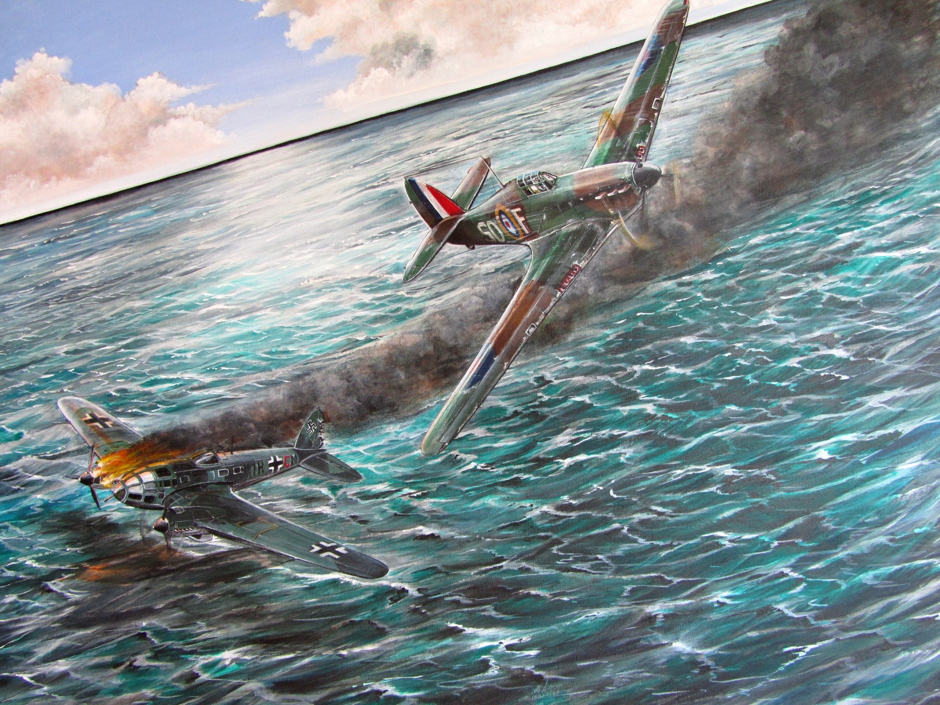 sea english channel hurricane hurricane mk1 uk single fighter heinkel he 111 german bomber fire flame ww2 picture