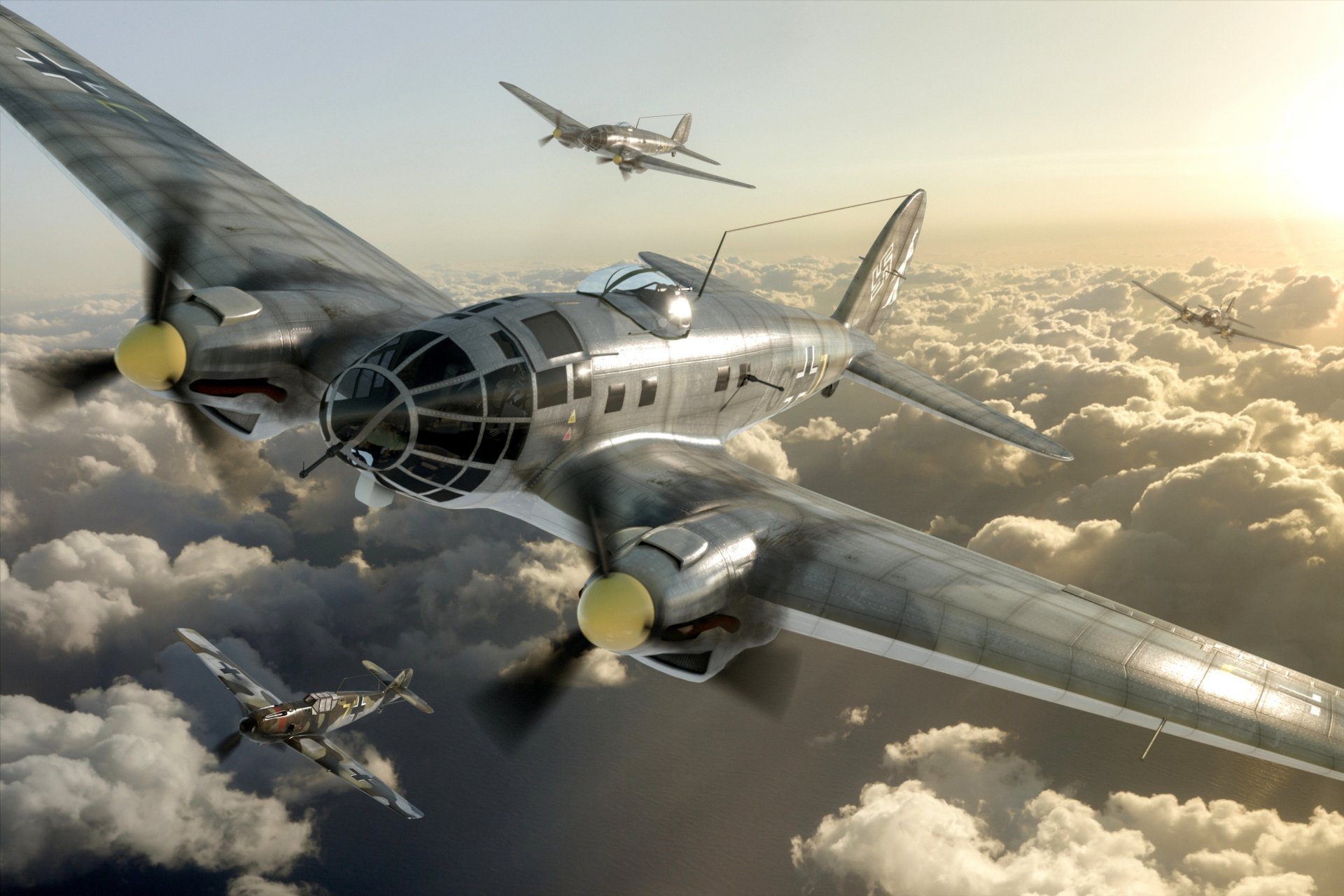 art sky clouds heinkel he 111 german bombers messerschmitt bf 109 fighter support ww2 picture