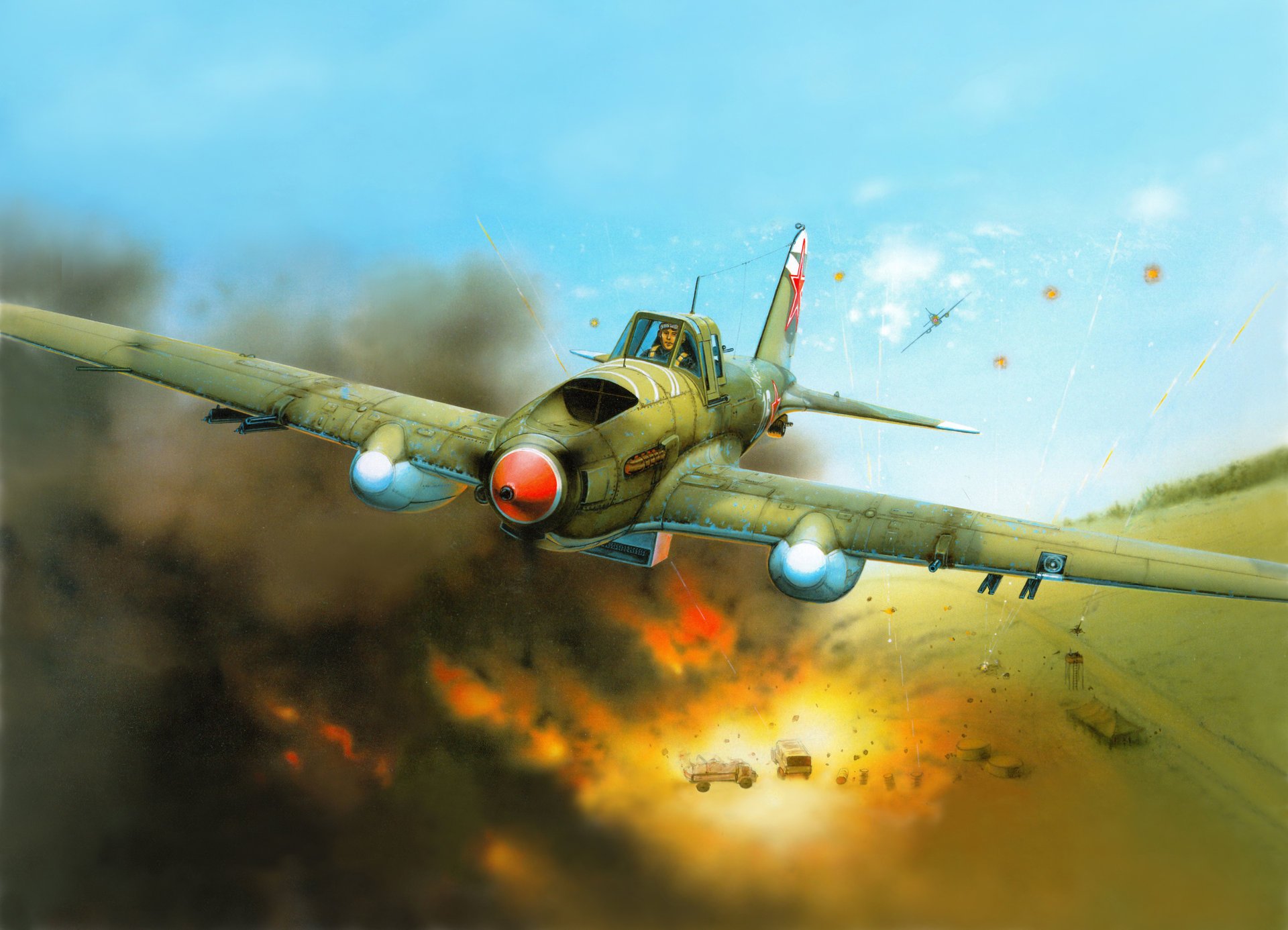 art plane il -2m soviet attack column german avtobronetehnika explosions fire smoke bob picture