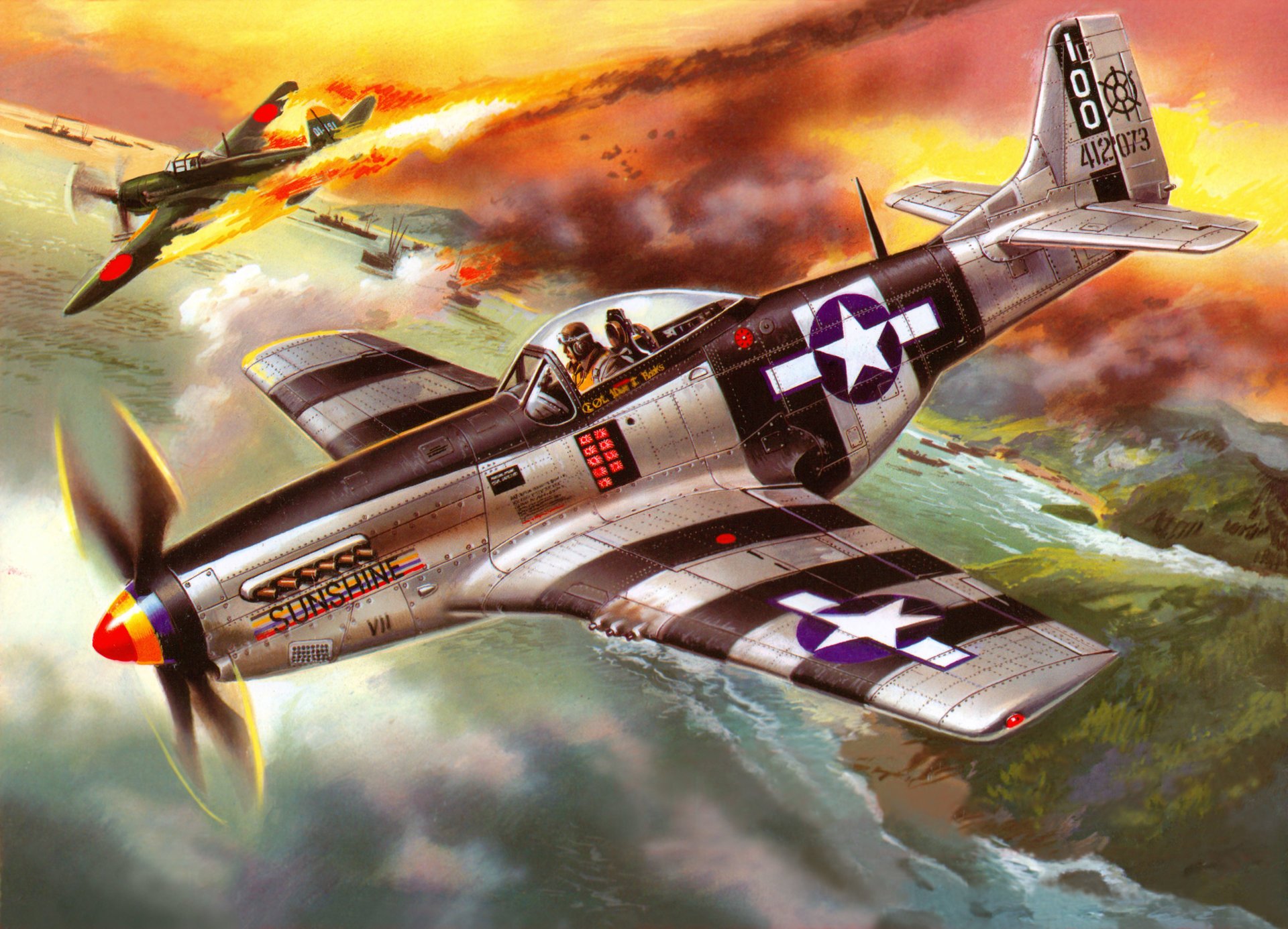 art sky p - 51k american fighter shot down japanese plane water bay ships ww2 picture