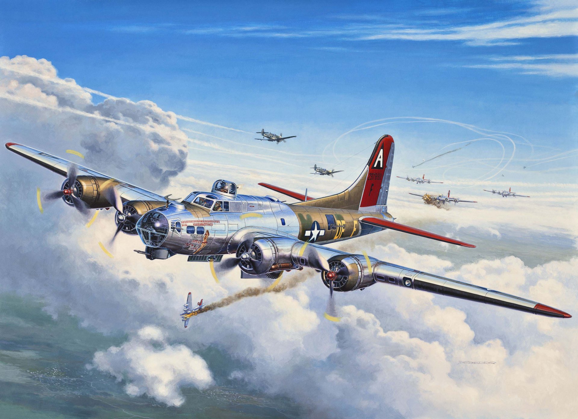 art plane boeing b-17 flying fortress flying fortress american all-metal bomber crew 10 people link bombers to job zavyazyalsya fight german istribiteli interceptors air force united states ww2.