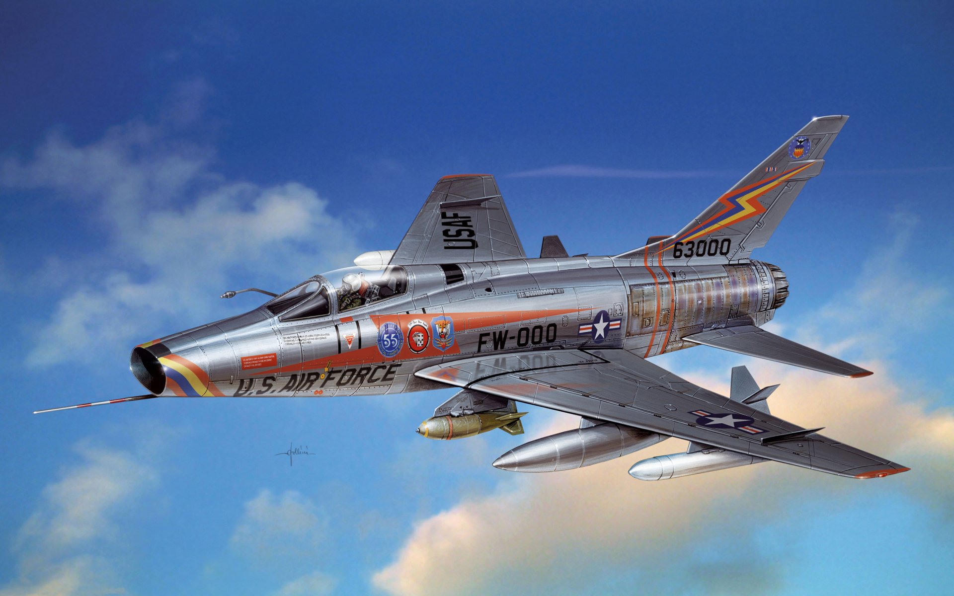 art plane north american f-100 super sabre american single single-engined supersonic fighter interceptor bomber scout first to the world serial air force united states.