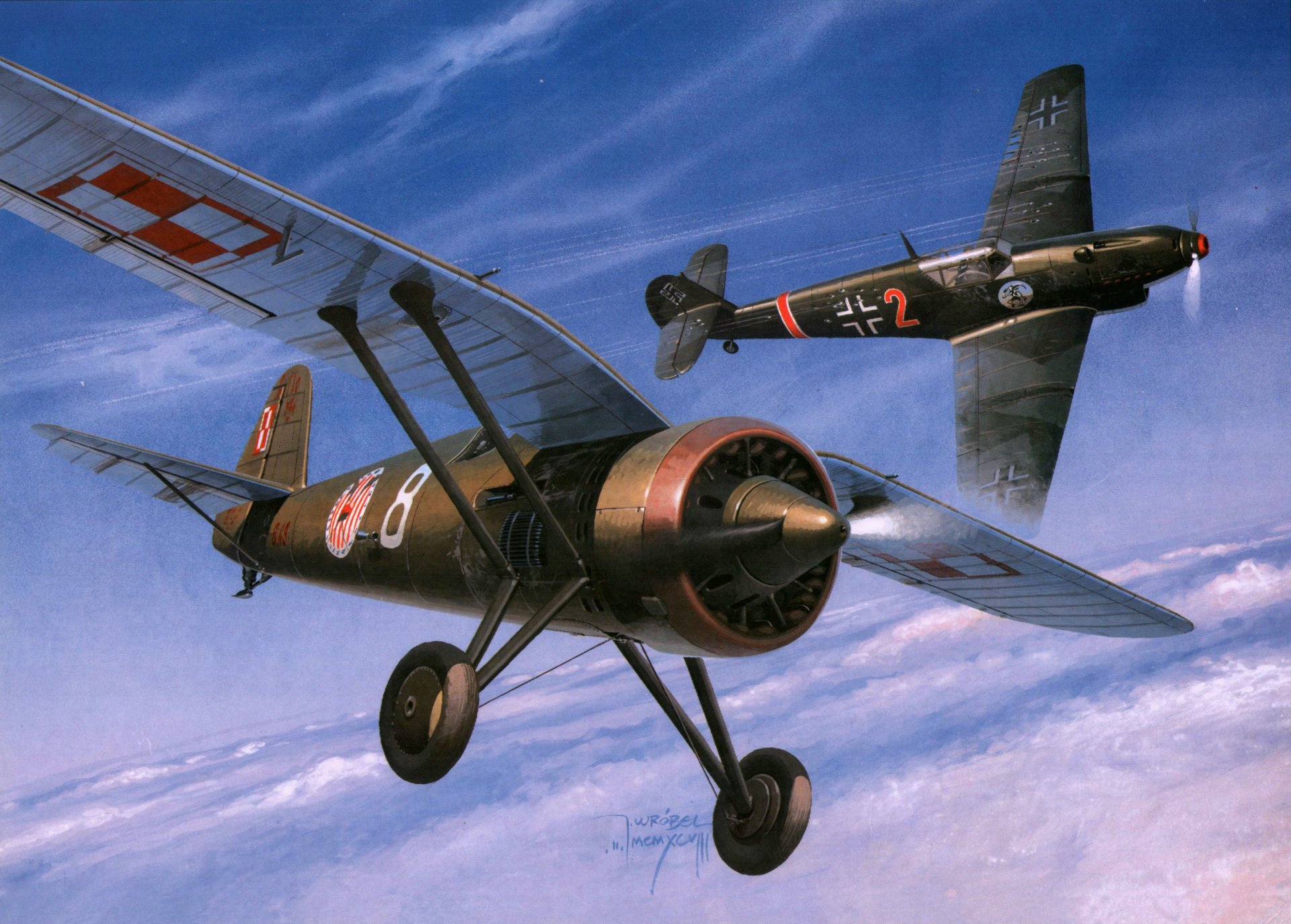 art sky dogfight pzl p.11 poland single-engined monoplane fighter and messerschmitt bf.109d- 1 german fighter ww2 picture