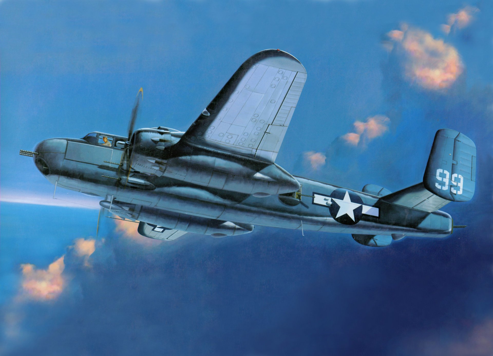 art sky north american b-25 mitchell angl.north american b-25 mitchell twin-engine all-metal quintuple bomber average radius activities ww2 picture
