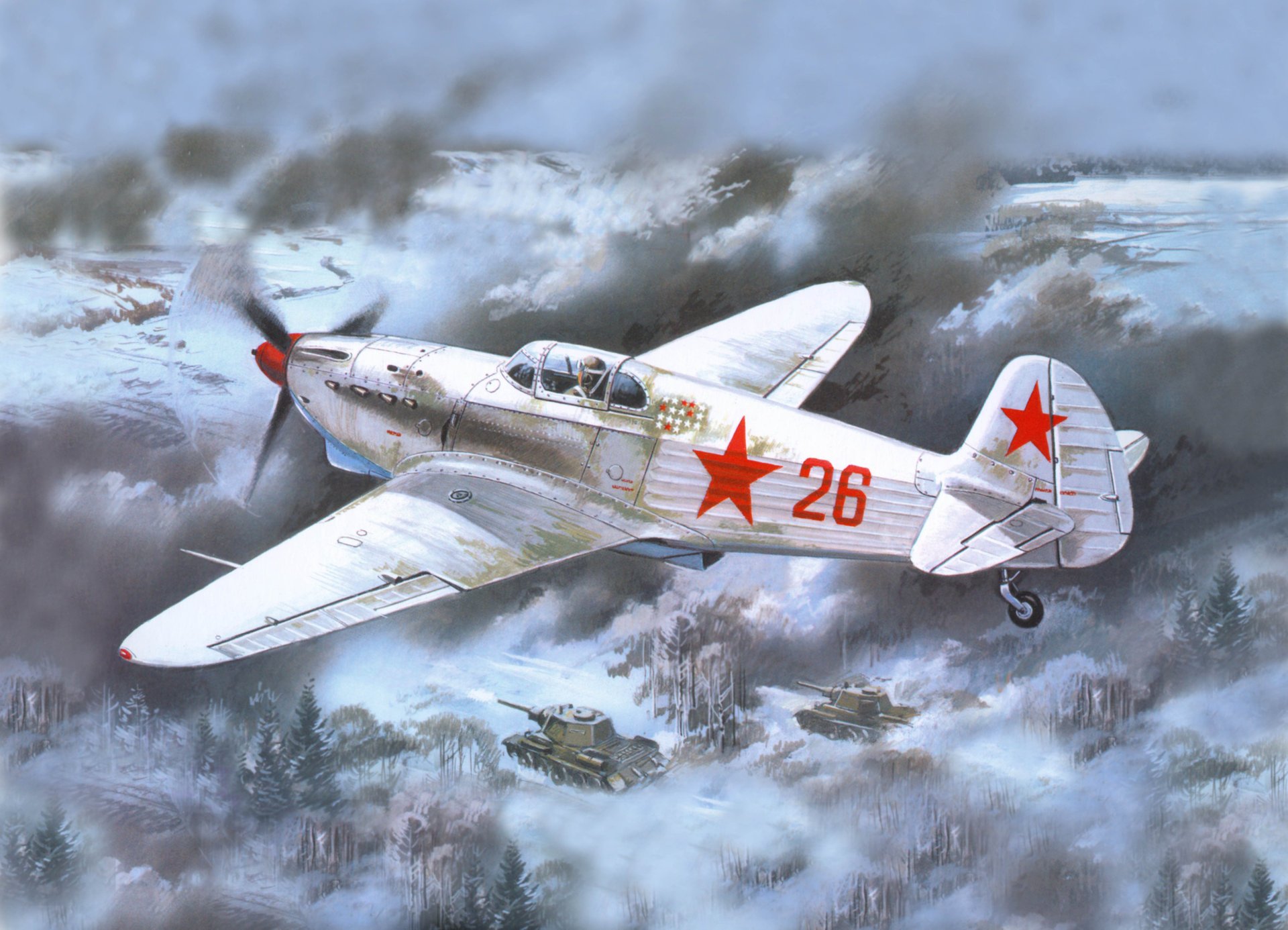 sky yak- 3 sovetky single-engined fighter land tanks smoke the great patriotic war picture