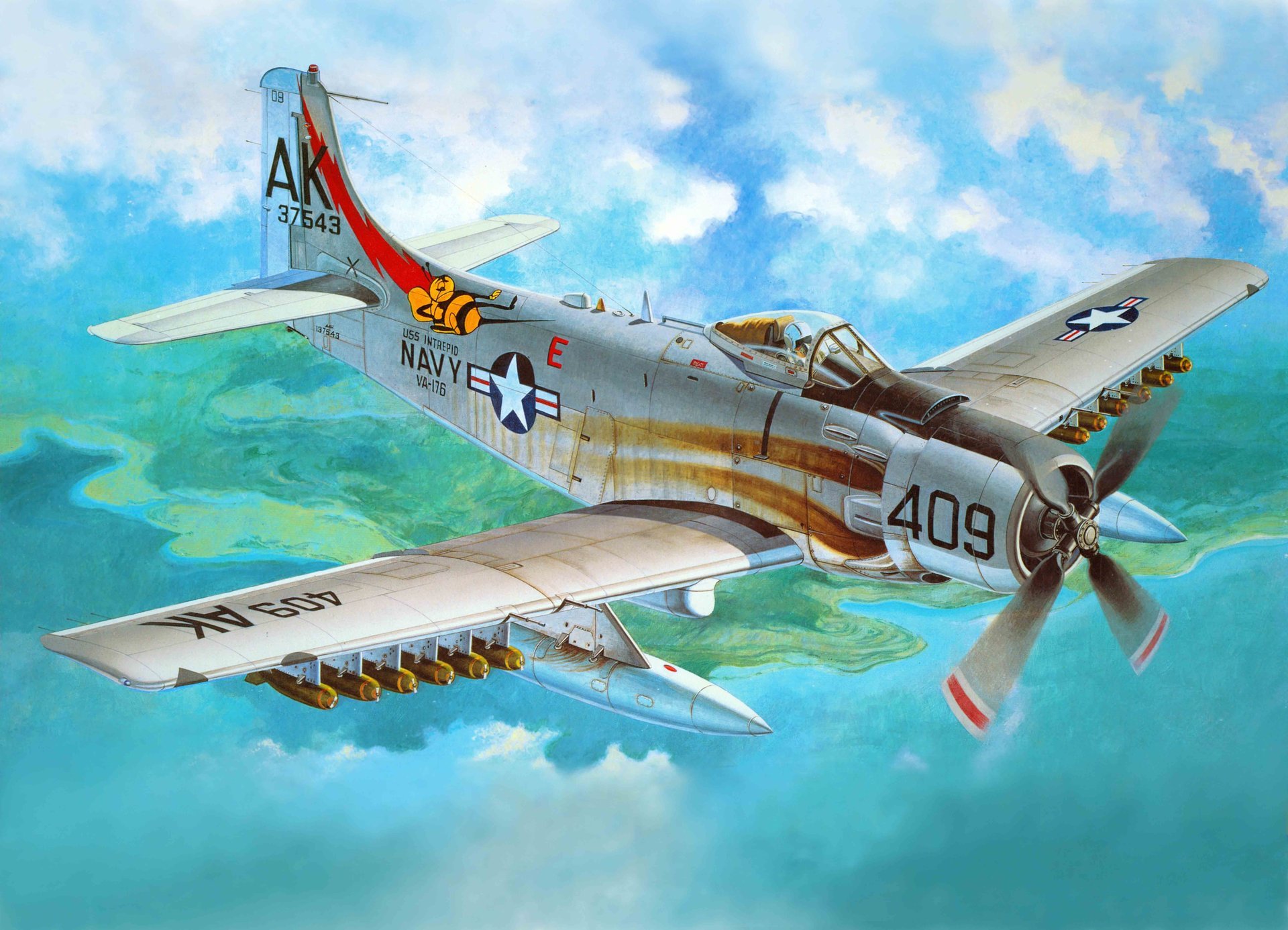 art plane douglas a-1h skyraider american attack the piston skayreyder quarter ages was to arms air force and navy united states was used korea vietnam wars.