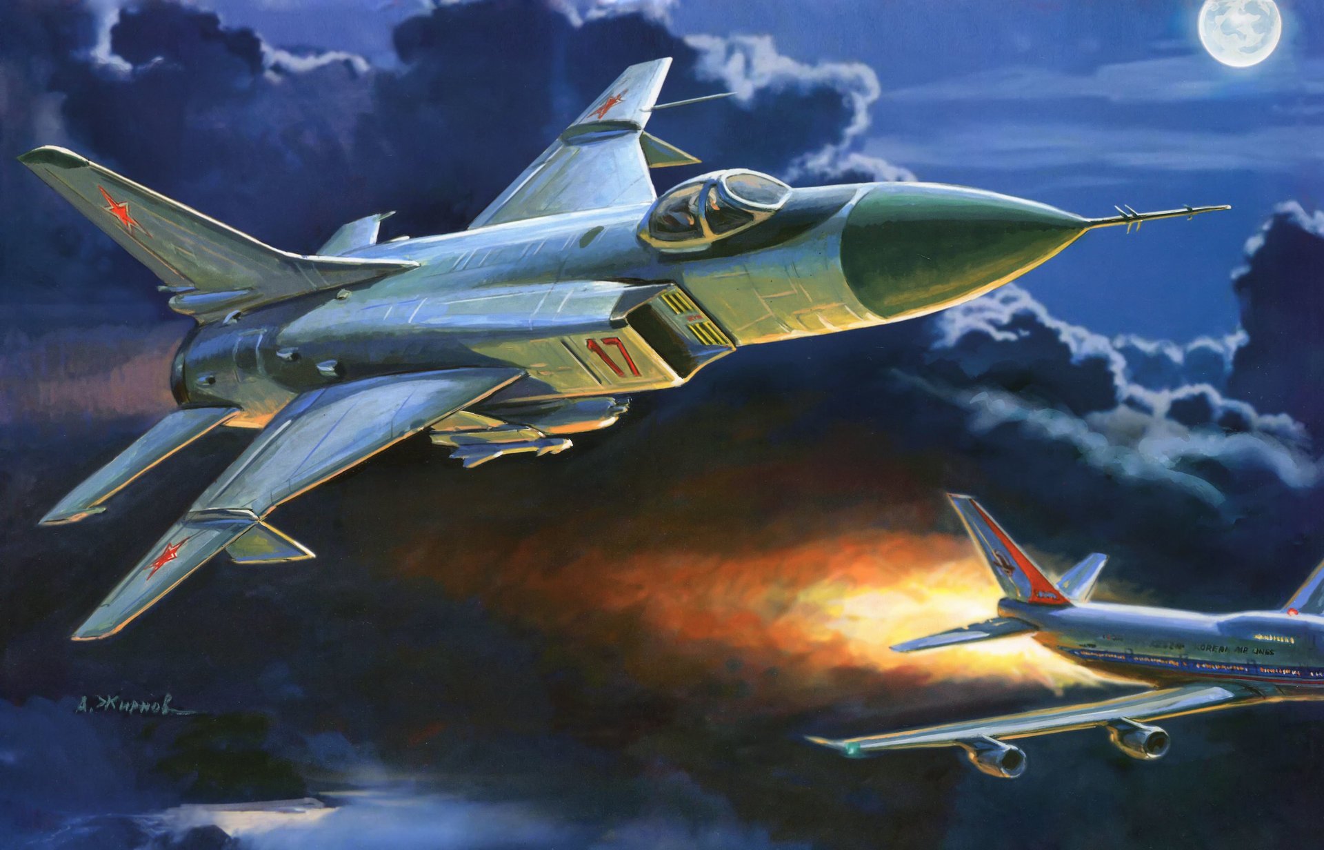art night sky clouds moon su- 15 soviet fighter interceptor hot passenger plane