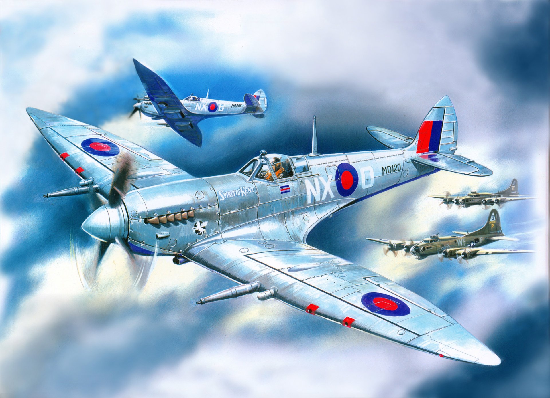 art sky spitfire mk.7 english fighters b -17 us four-engine bombers support clouds ww2 picture