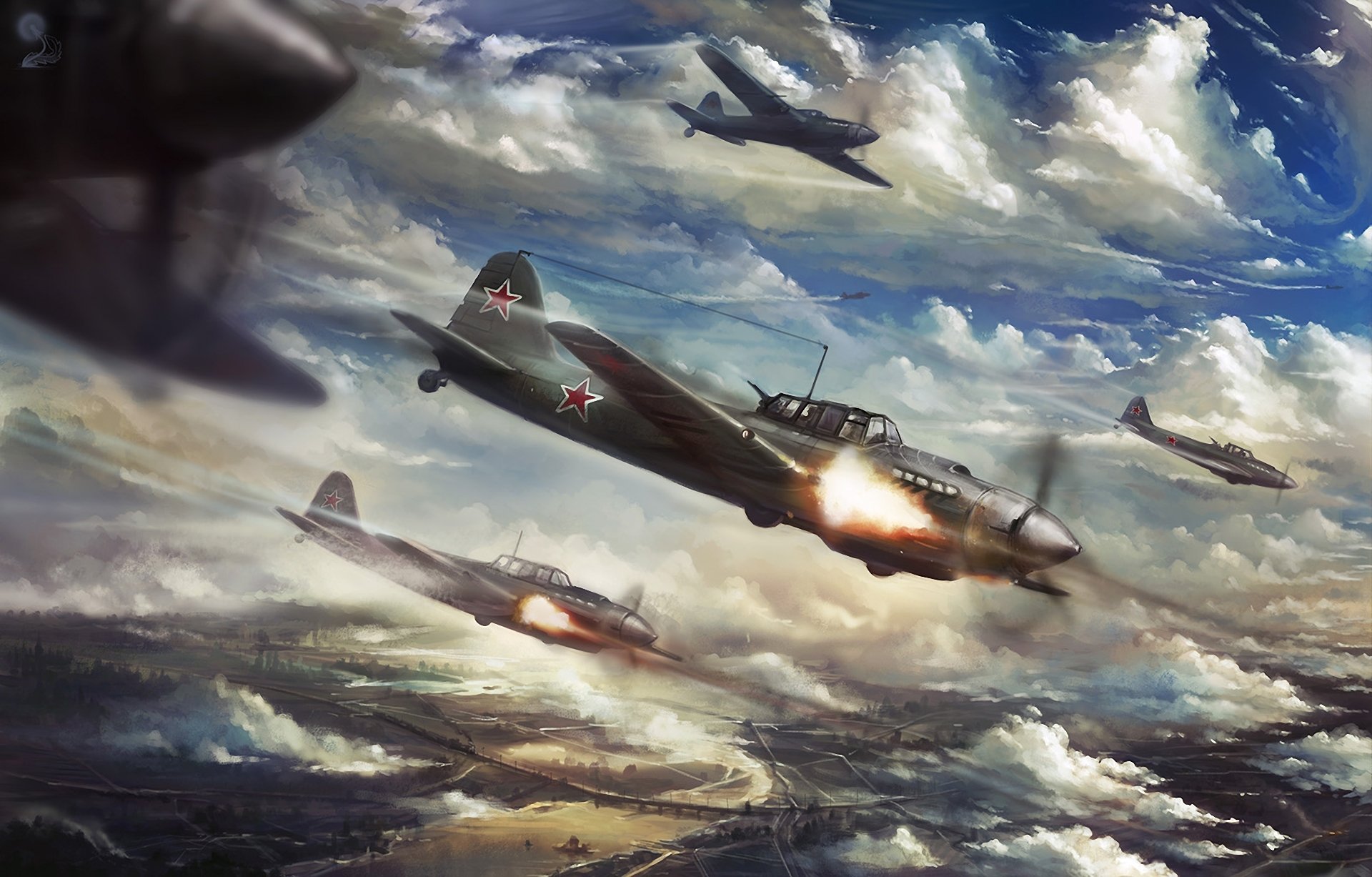 art ilyushin il-2 shturmovik planes the second world war town attack shelling clouds river