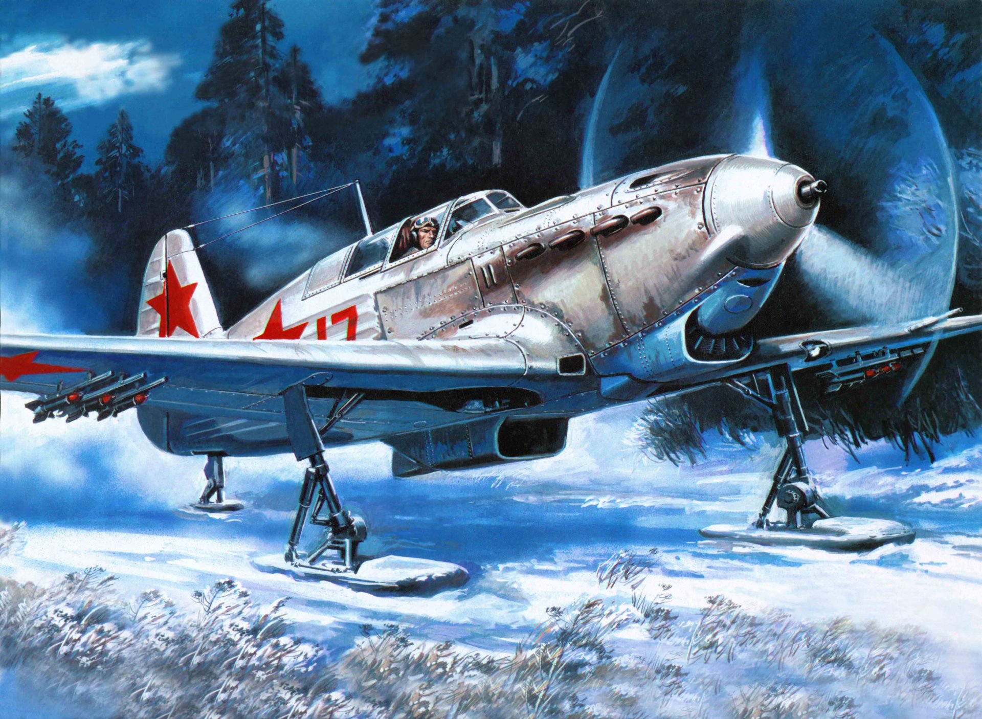 plane yak- 7 soviet single-engined fighter to maya 1942 . on december 1943 . all were constructed 5120 items ww2. zimin variant axis chassis aircraft instead of wheel put skiing off secret airport .