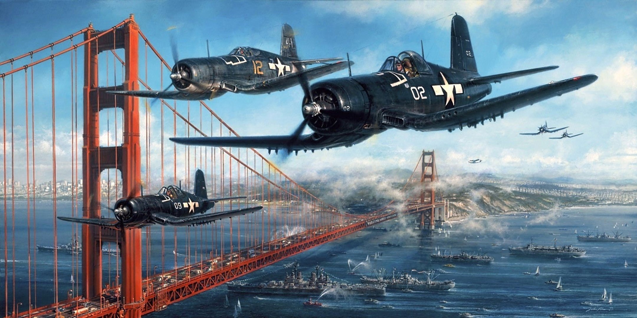 picture john d. shaw plane carrier-based fighter chance vought f4u corsair united states air force strait golden gate bridge ships
