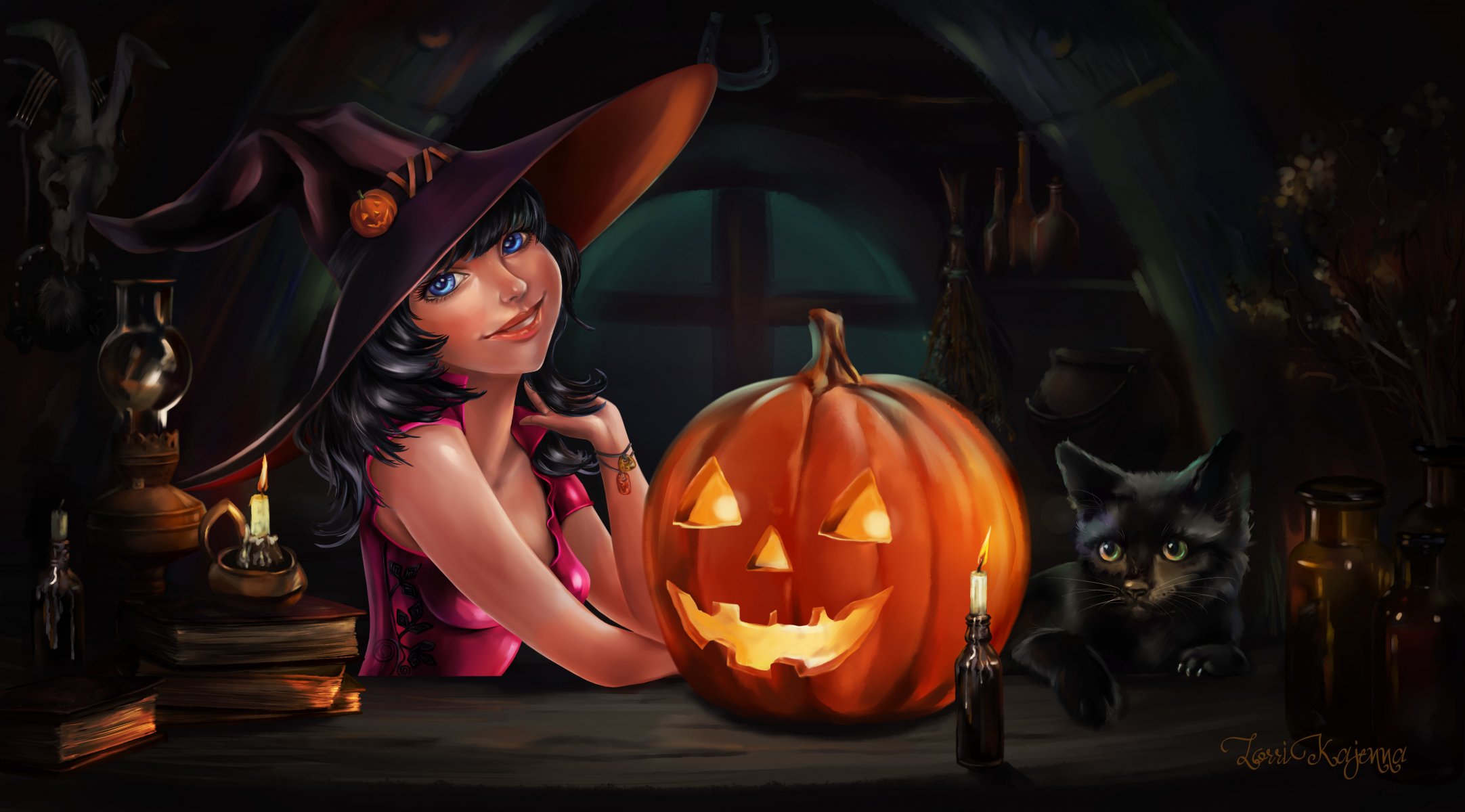 witch halloween holiday art girl black cat pumpkin