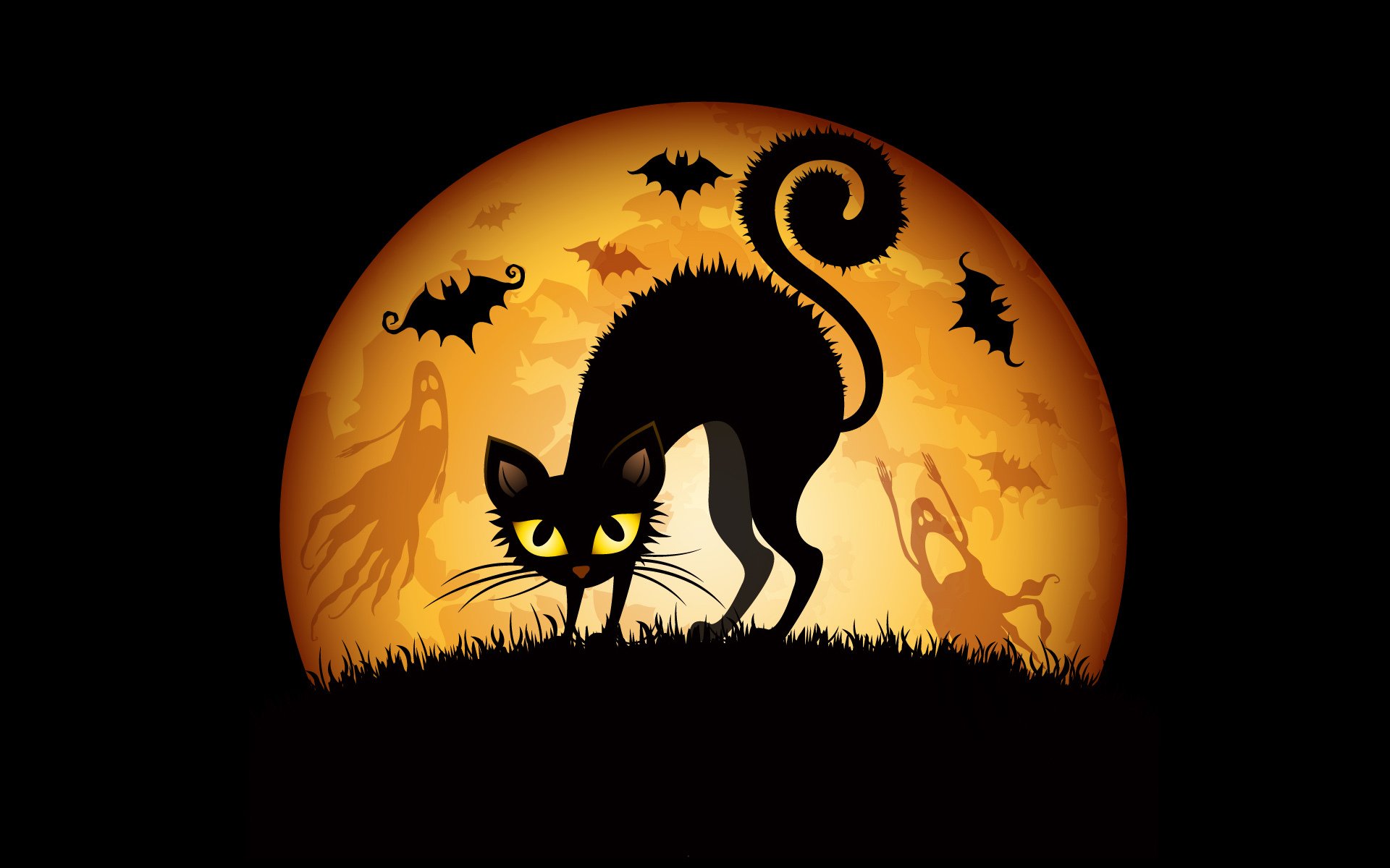 halloween cat ghosts bats moon grass