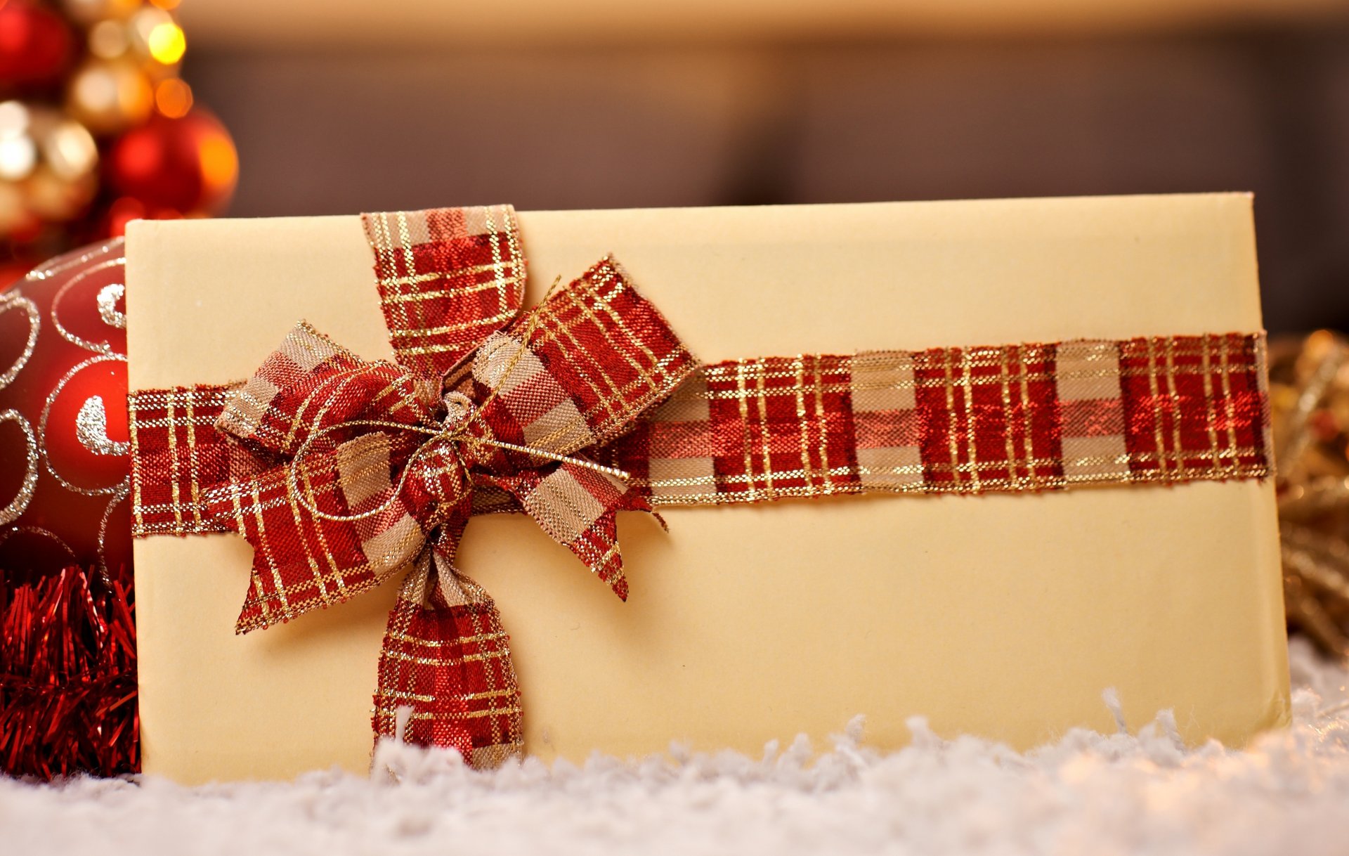 holidays the envelope card bow ribbon red gold bulbs christmas winter new year