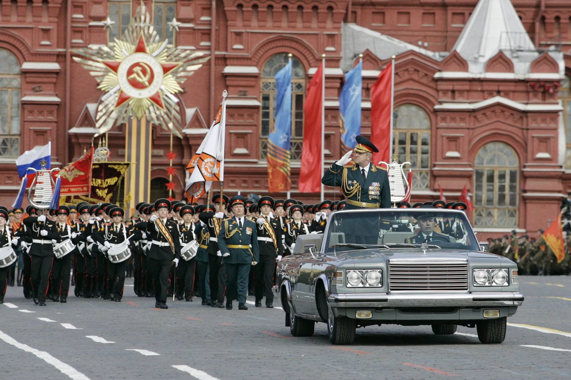 victory parade may 9 red square victory day sacred holiday cadets officers men troops standard flags march marching military moscow russia commander in chief general army vladimir bakin vehicles trave