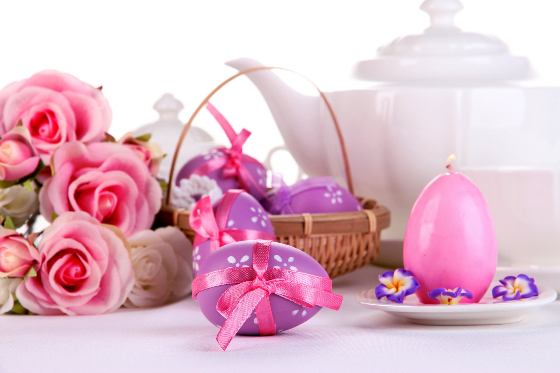 easter eggs roses flowers candle pink serving