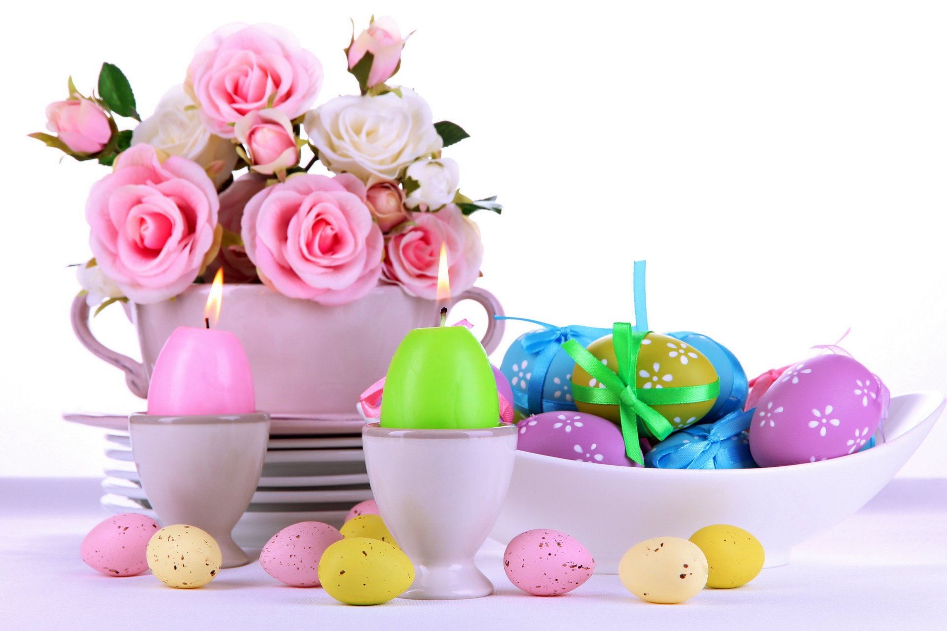 easter eggs roses flowers candle pink serving