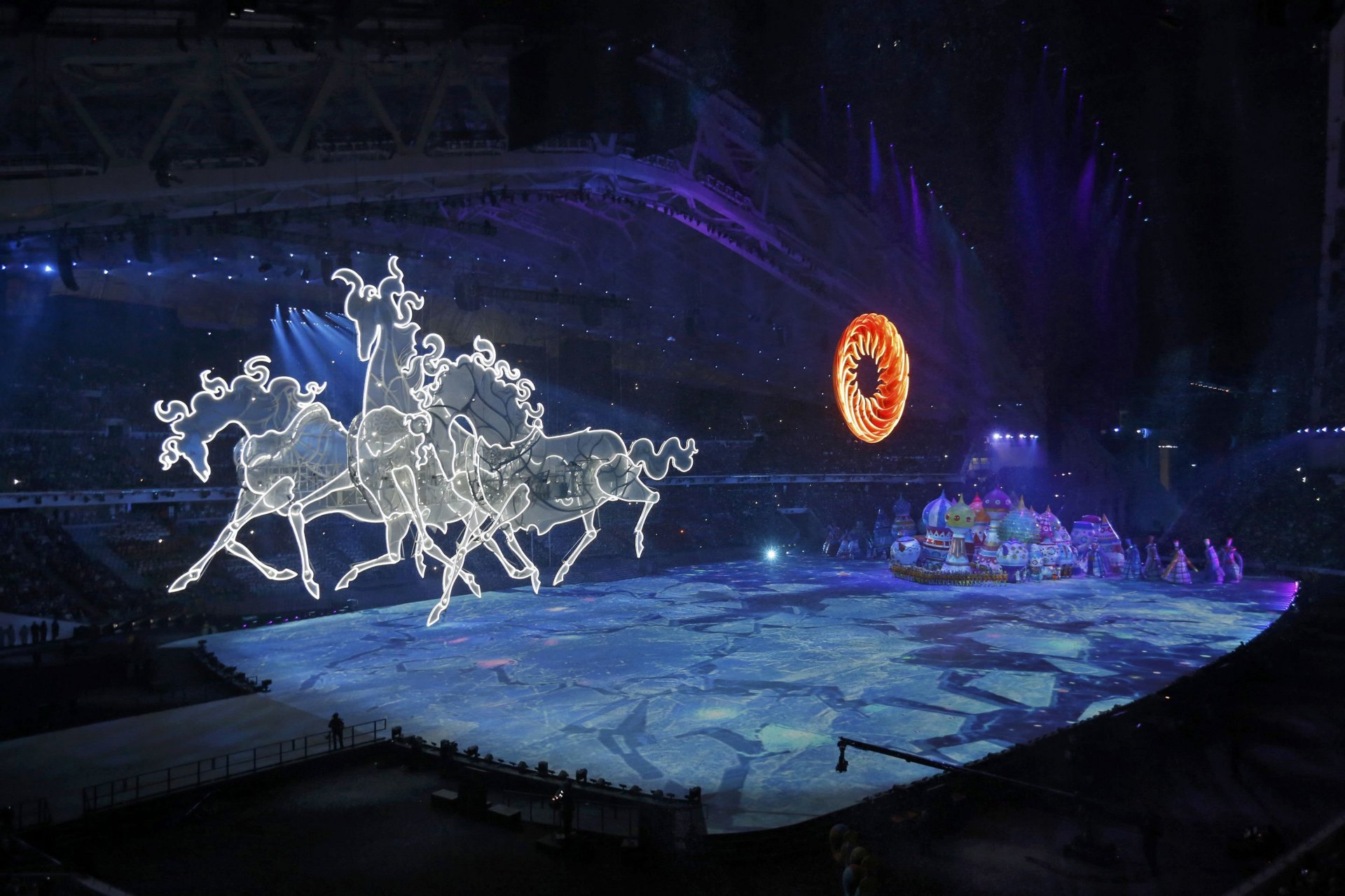 opening ceremony of the xxii winter olympic games sochi 2014 olympic winter games sochi 2014 russian triple horses horse sun submission scenery show the mechanism ice town stadium f
