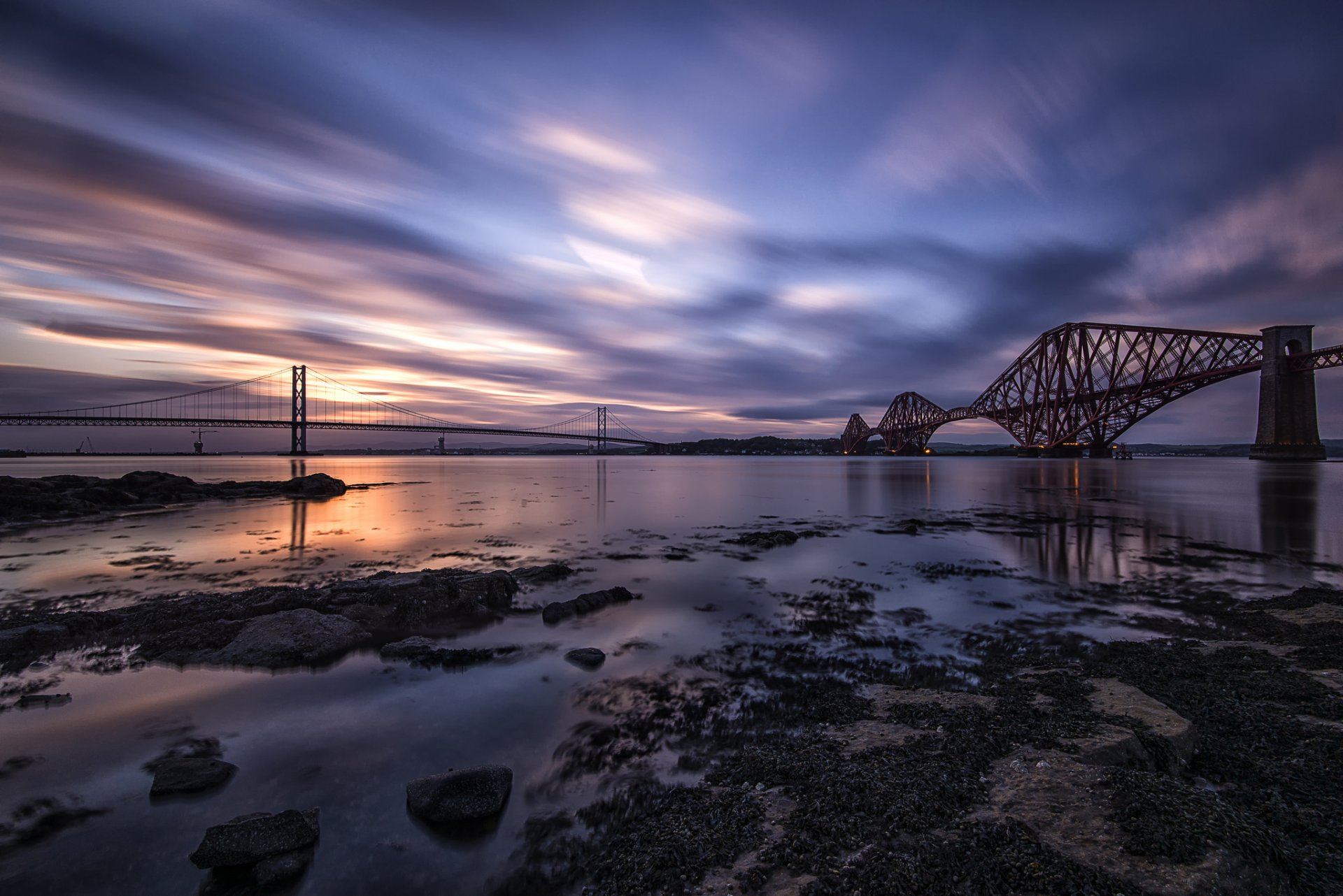 great britain scotland forth bridge river united kingdom fort bridge bridge night sky clouds