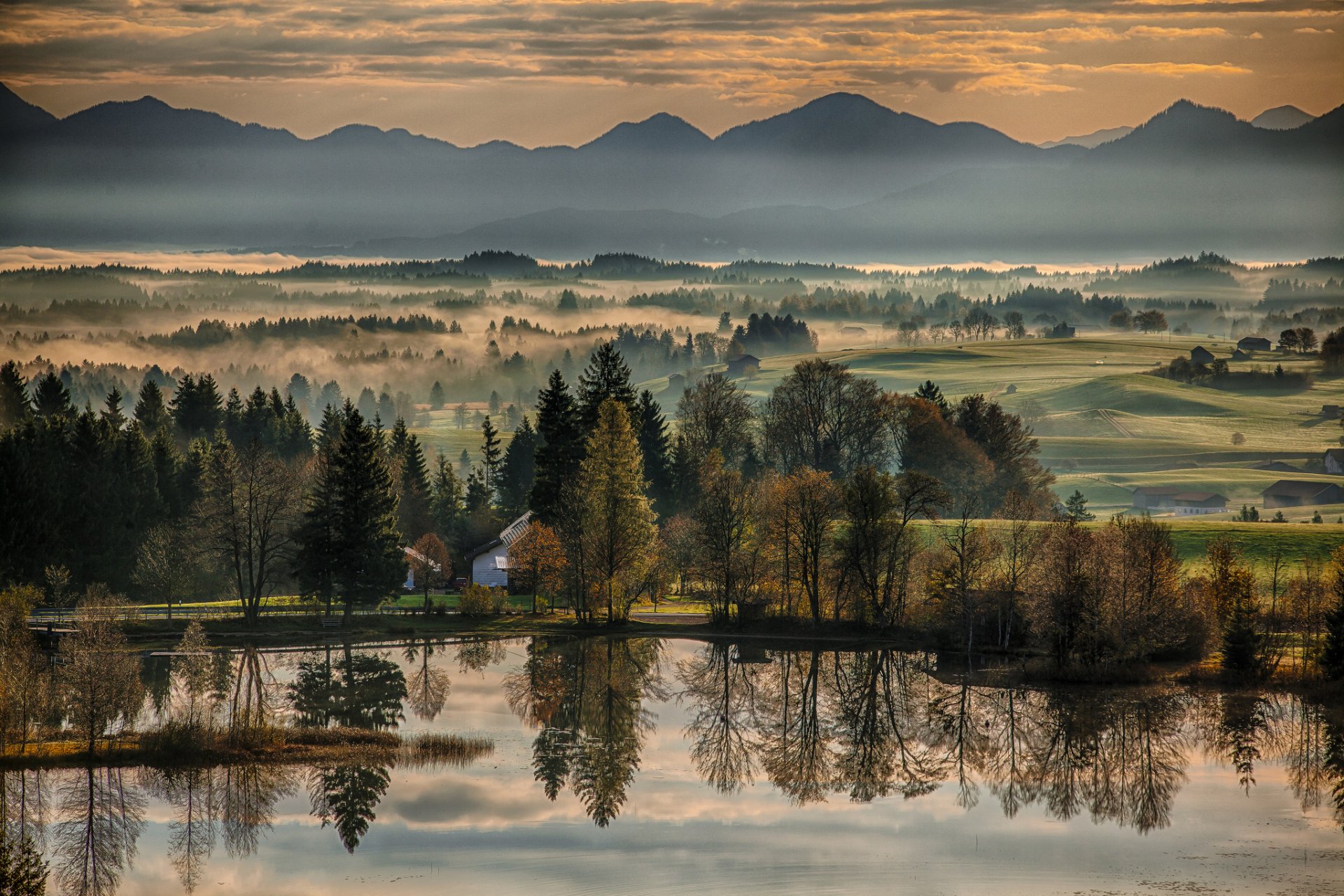 wildsteig bavaria germany bayern munich autumn river morning dawn reflection tree mountain
