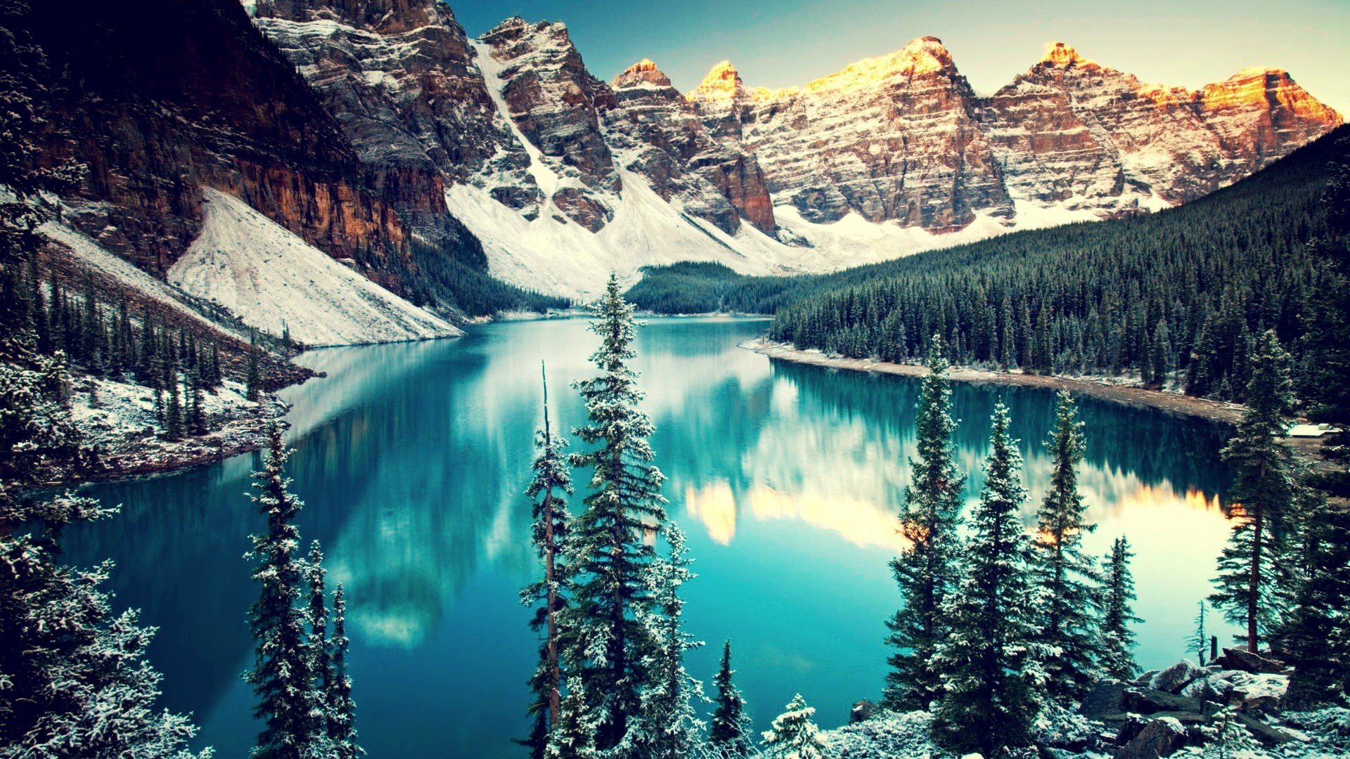 landscape mountain lake water of the mountain. water mountains nature winter snow trees canada lakes