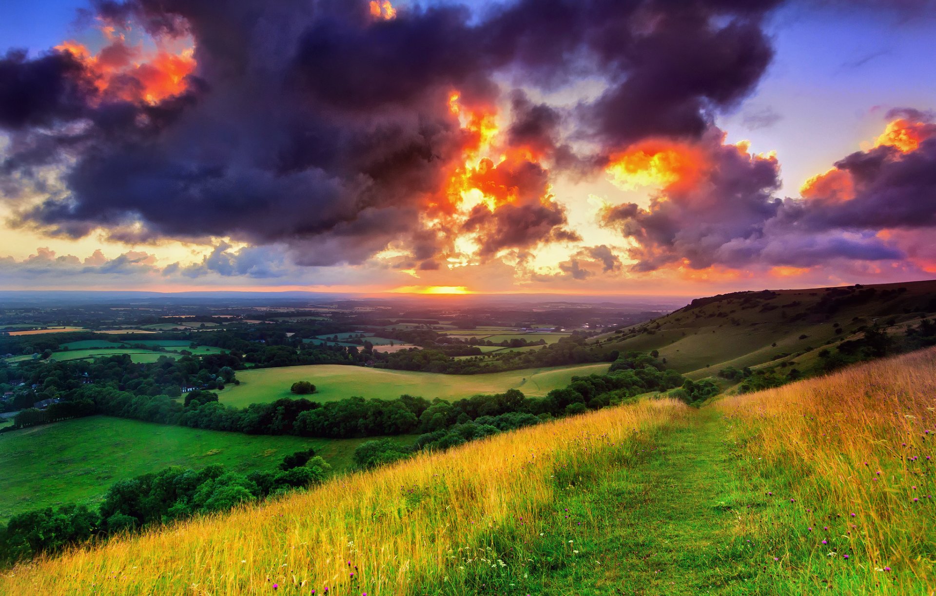 england west sussex mid sussex village of hassocks valley fields nature landscape the field grass green tree path morning sunrise sun sky clouds