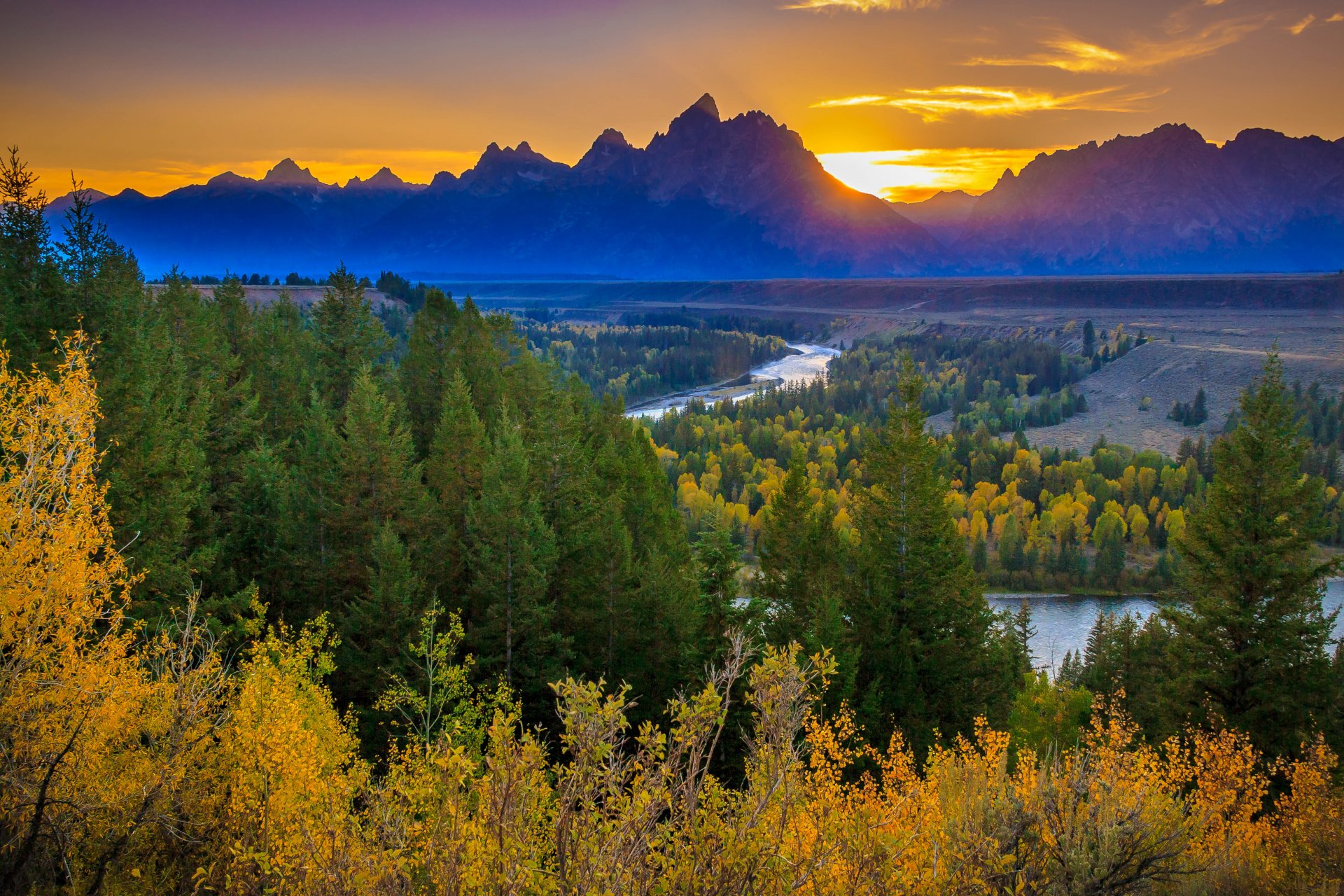autumn mountain river forest sun sunset snake river view grand tetons united states