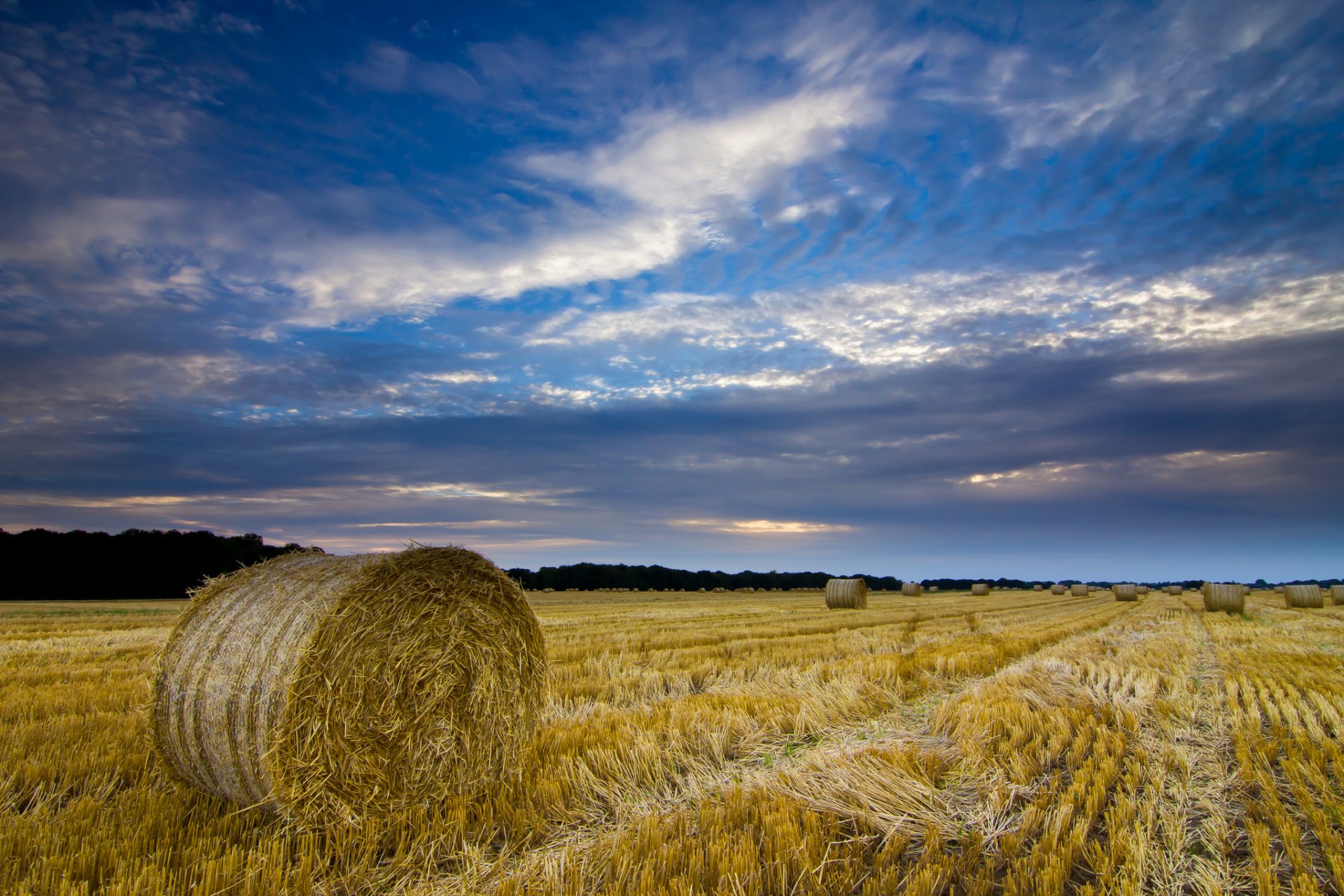 united kingdom england norfolk county the field straw hay bales vintage night blue sky clouds