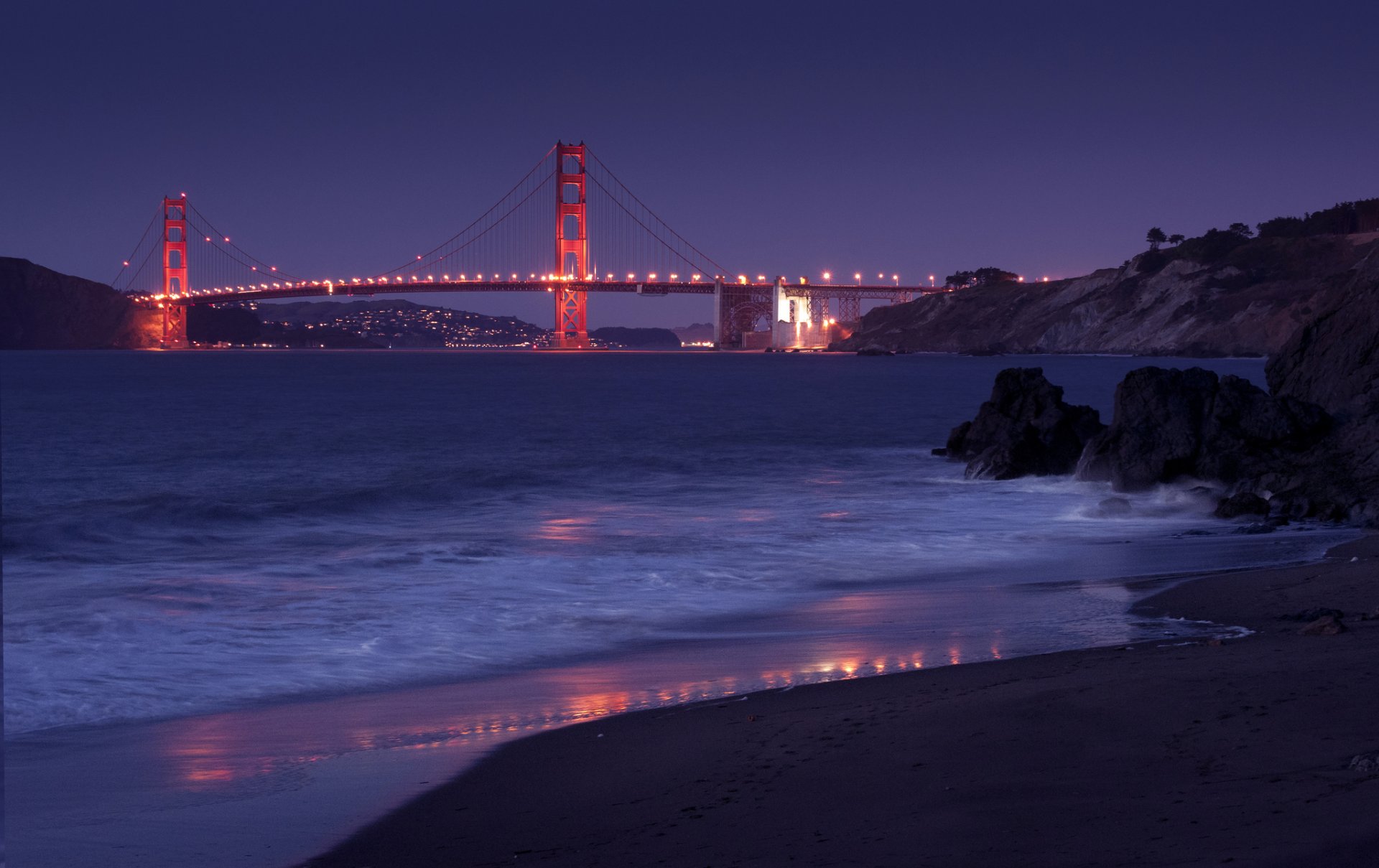 golden gate bridge san francisco california usa golden gate united states town bridge night lights lighting strait stones beach lilac purple sky