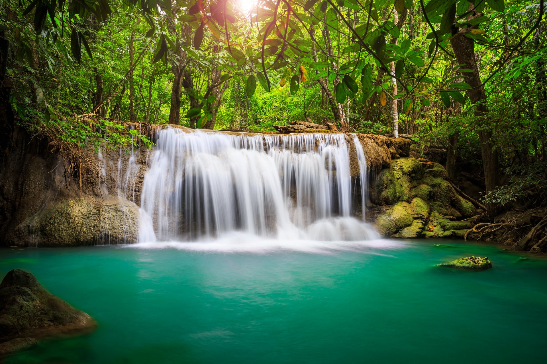 waterfall sea lake deep forest trees sky clouds landscape nature beautiful leaves dreamy primeval forests tree thailand