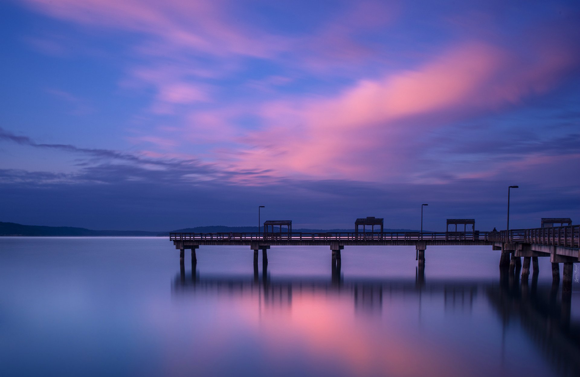 united states washington tacoma town the port pier gulf water surface of night twilight blue sky clouds