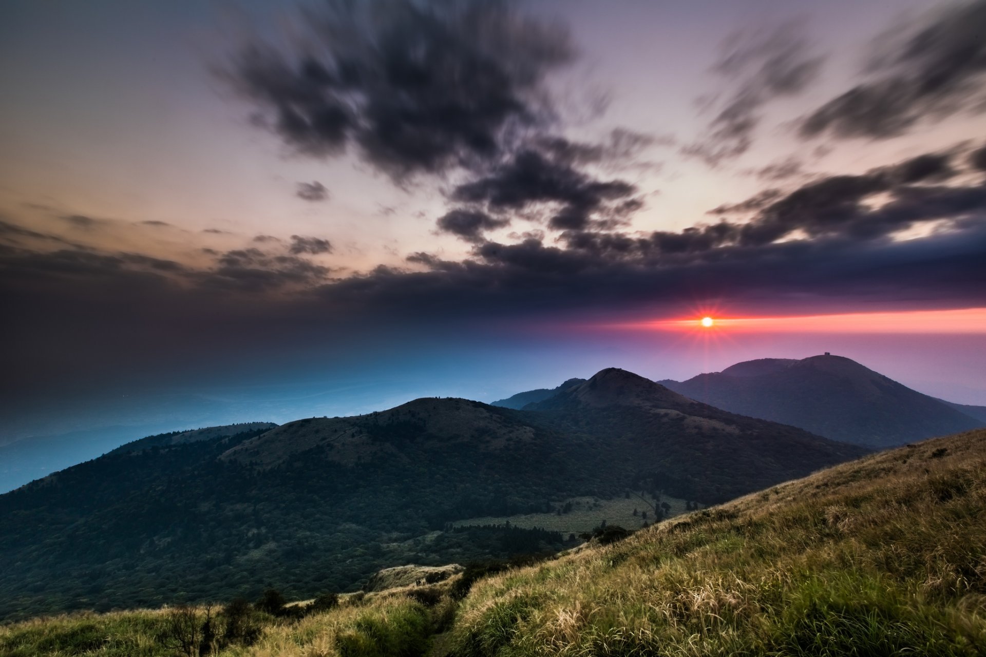 china taiwan national park mountain hills grass tree sky night sun magenta sunset clouds
