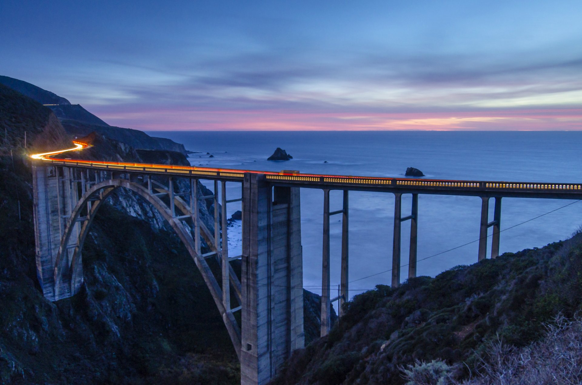 united states california monterey mountain gulf bridge extract night pink sunset sky clouds