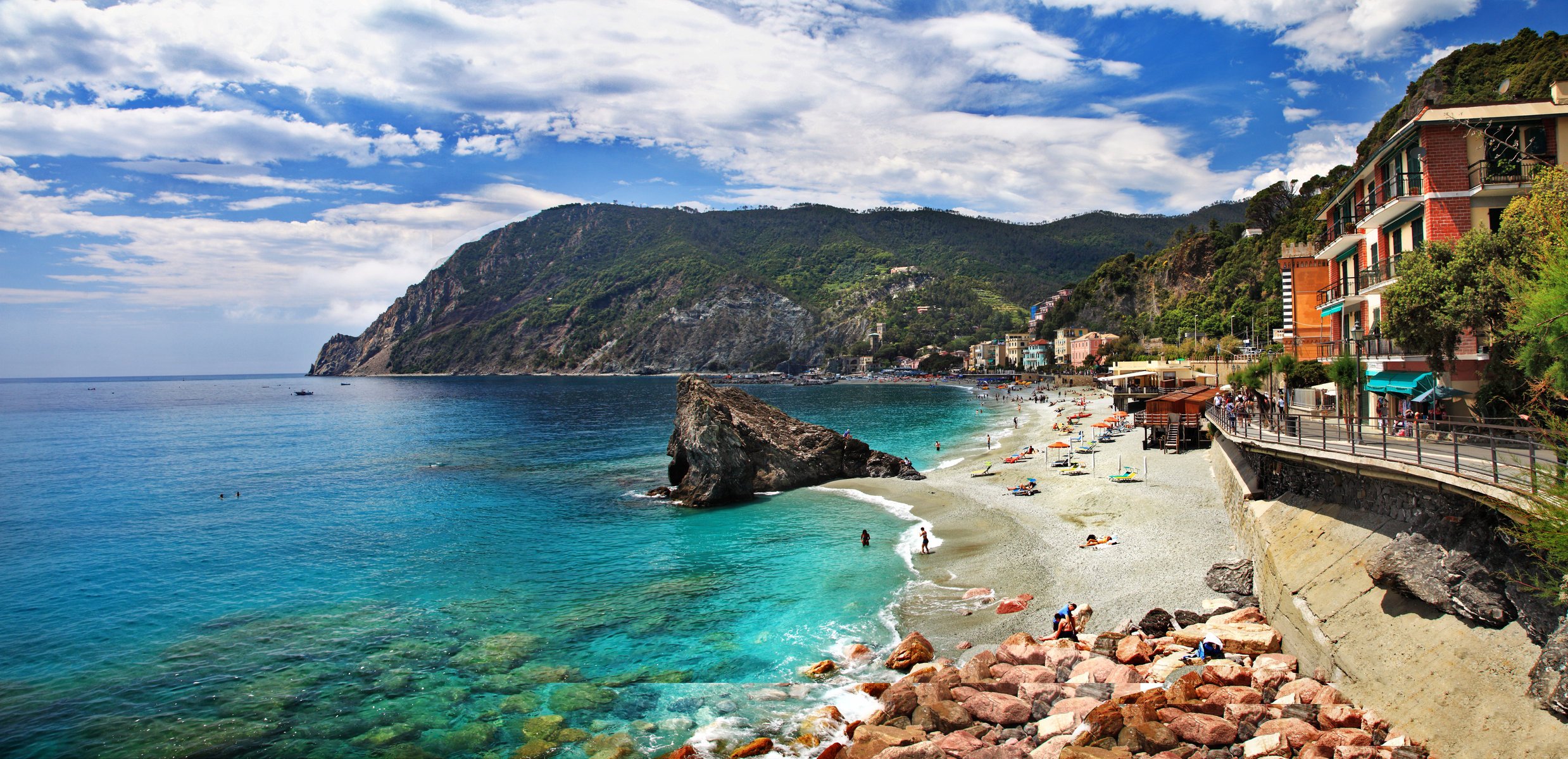 italy monterosso al mare cinque terre beach coast sea rock house mountain nature landscape