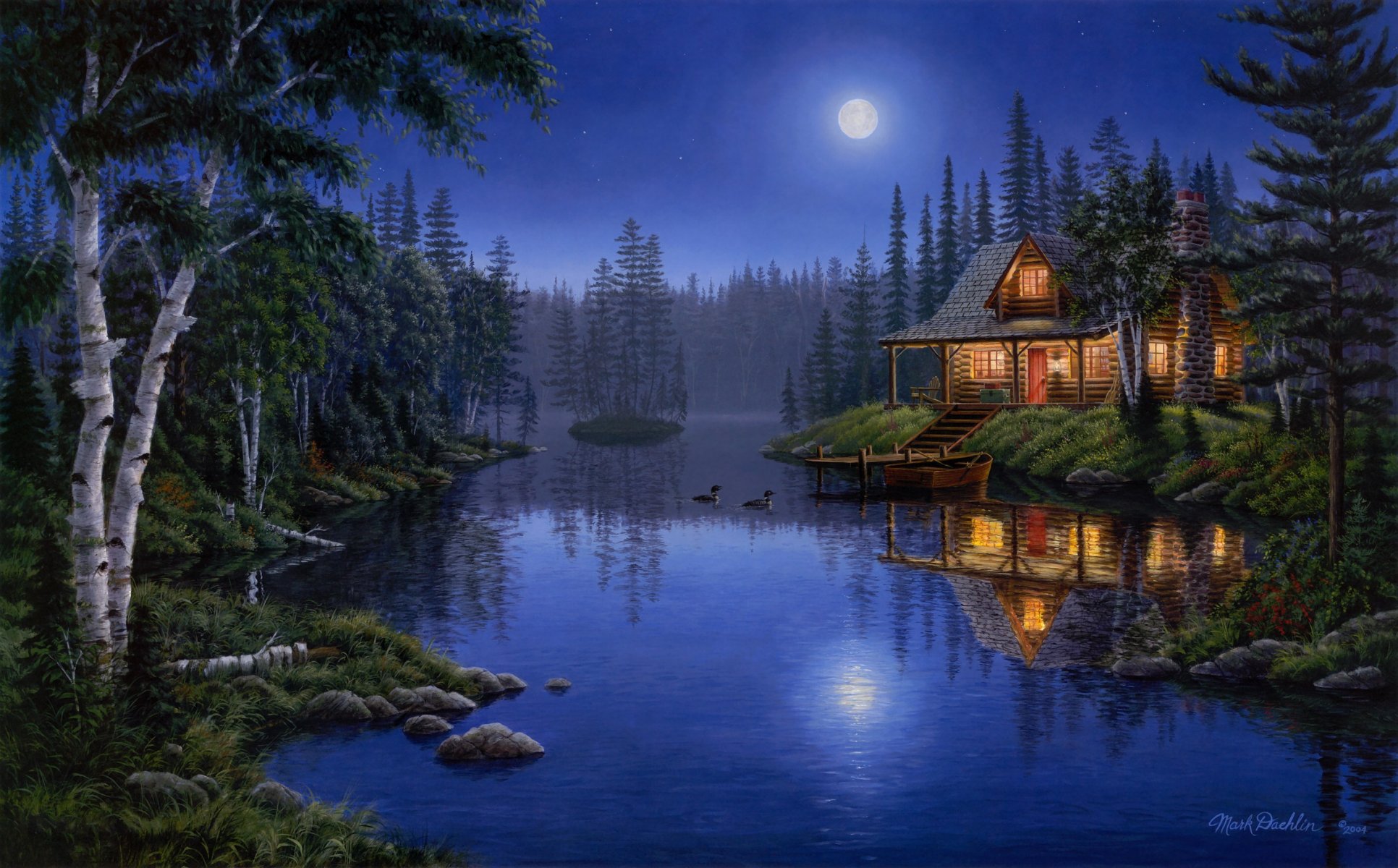 moonlight serenade mark daehlin forest lake light house night moon moonlight painting ducks