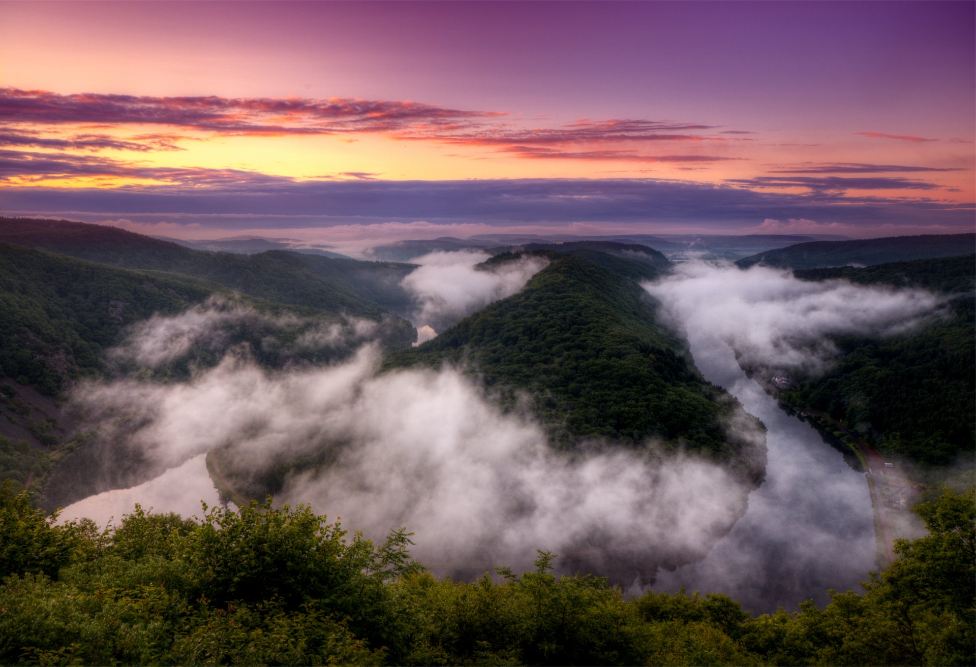germany river bending saarland saar saarschleife night bright orange sunset lilac sky clouds views height panorama