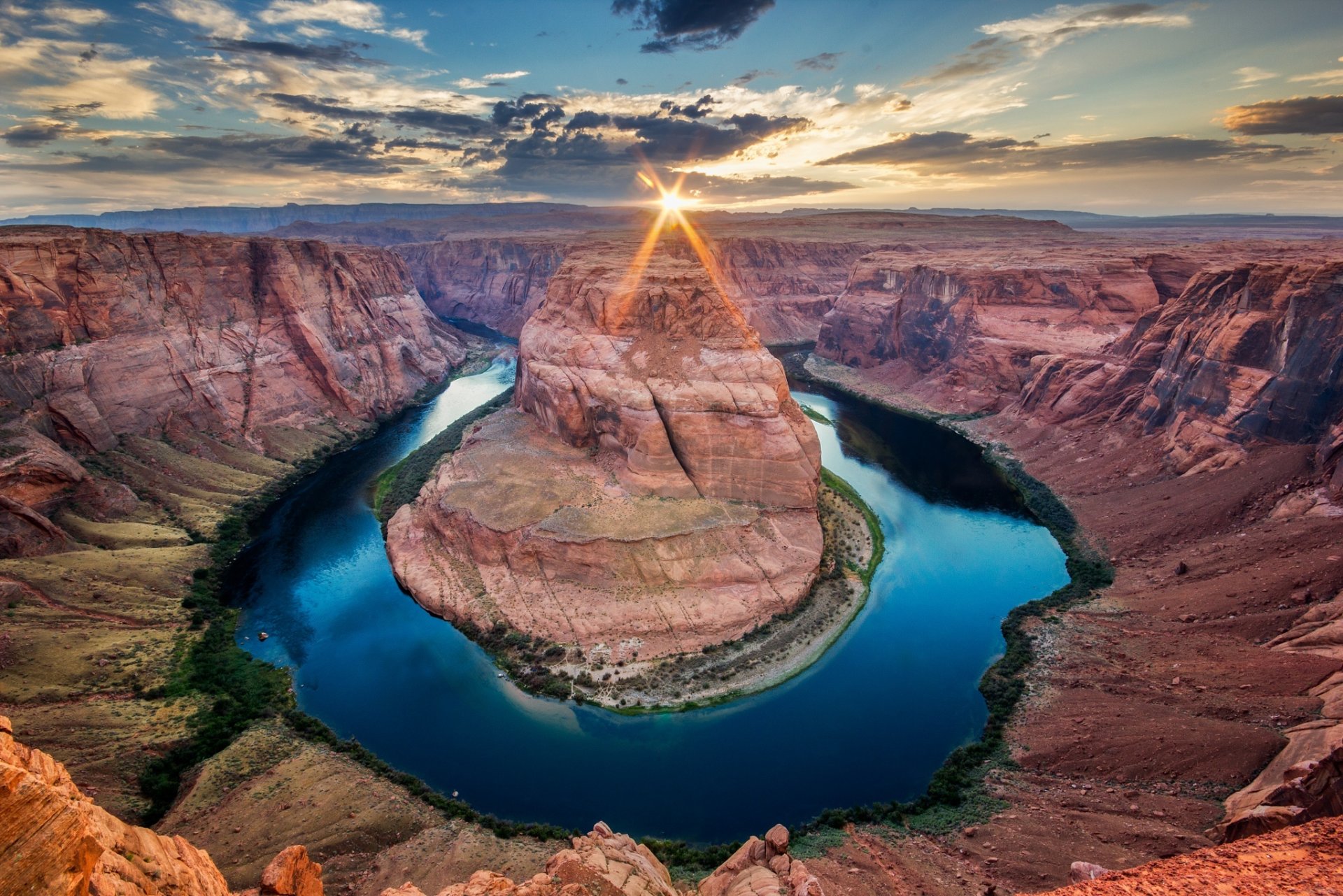 united states state arizona river colorado canyon horseshoe horseshoe bend sky clouds sun rays