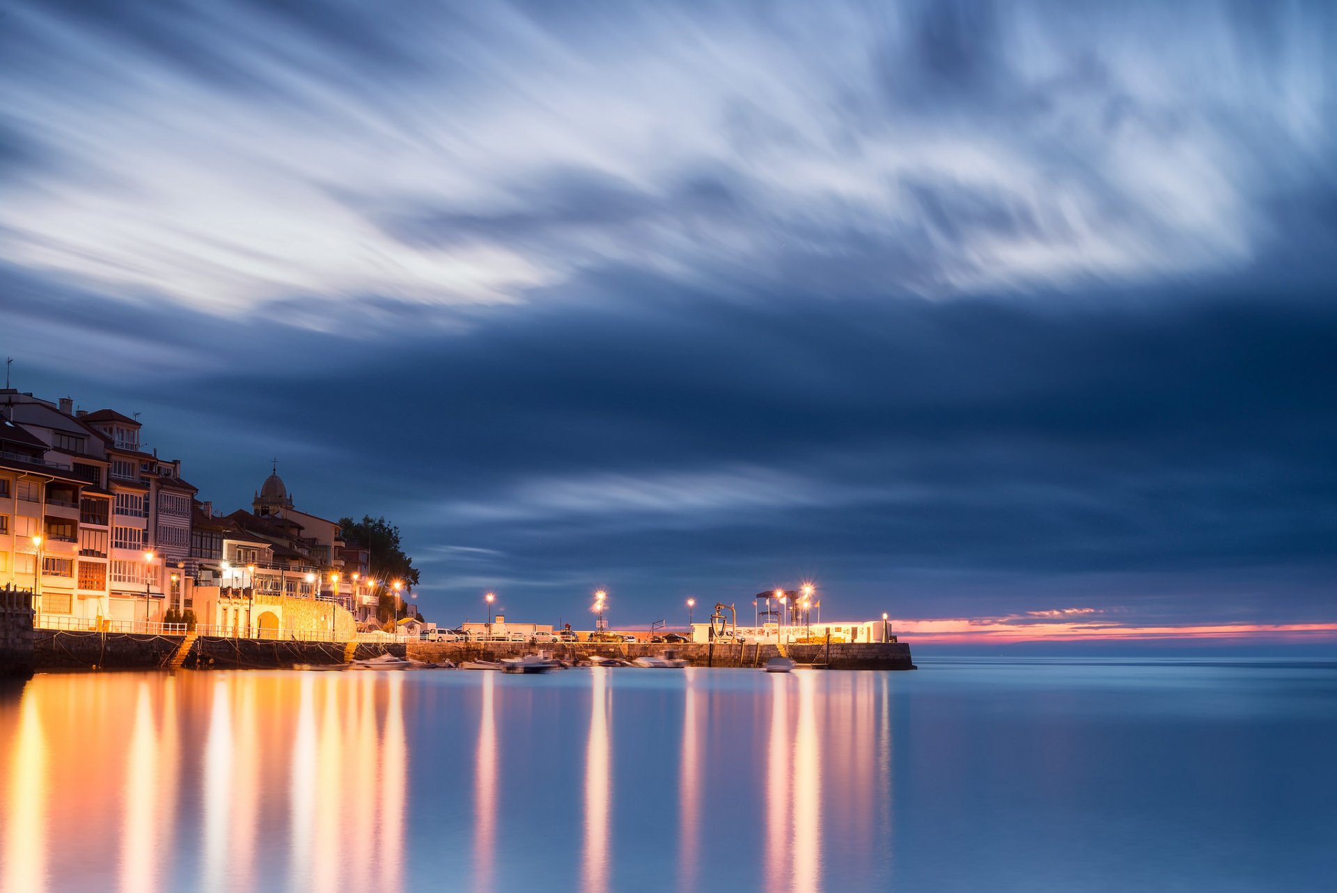 spain asturias bay of biscay the port house night lights lighting lamps blue sky clouds