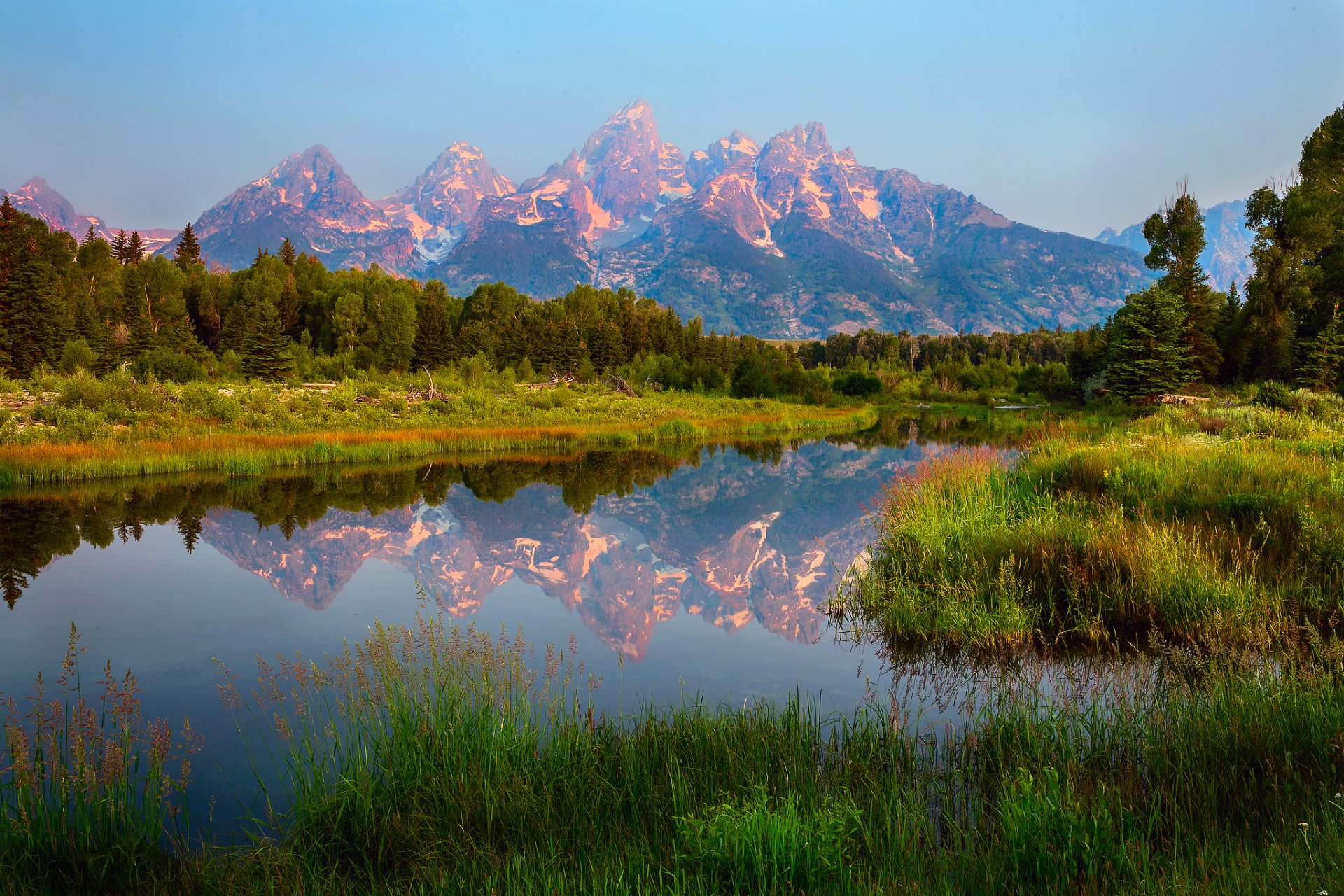 united states wyoming national park grand -titon schwabachers landing mountain forest water clouds sky reflection summer