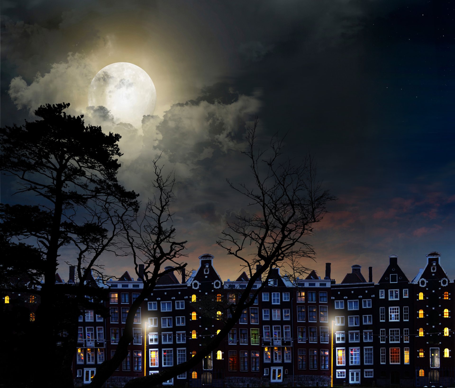 full moon magical night city buildings trees sky clouds landscape complete magic night city building tree