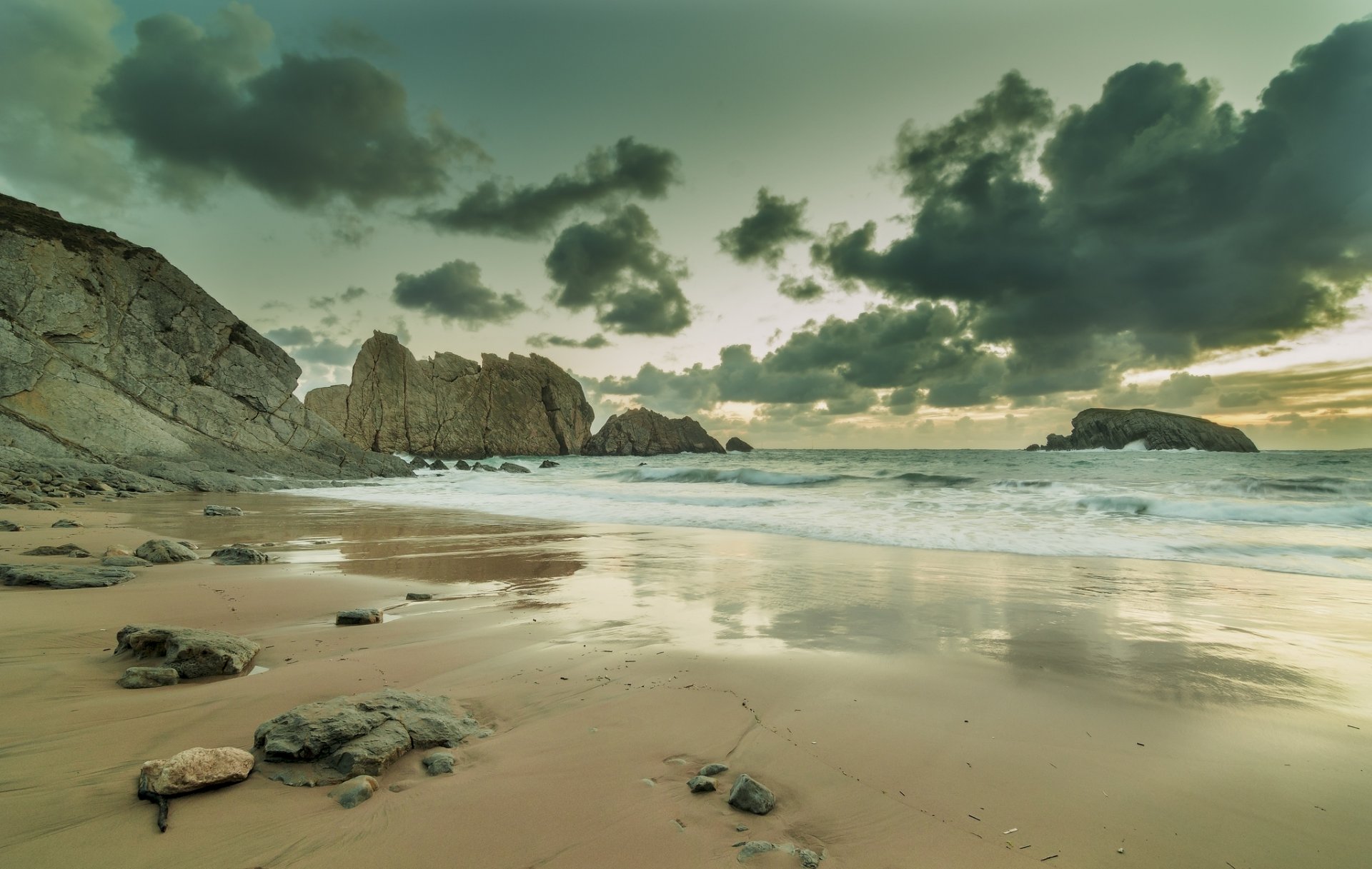 beach sky clouds nature landscape water sea ocean rock