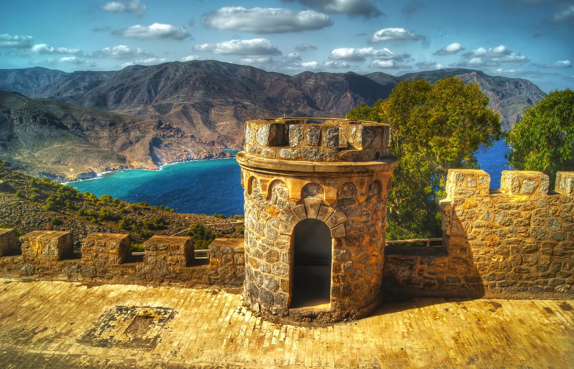 cartagena spain sky clouds mountain castle fortress tower lake tree