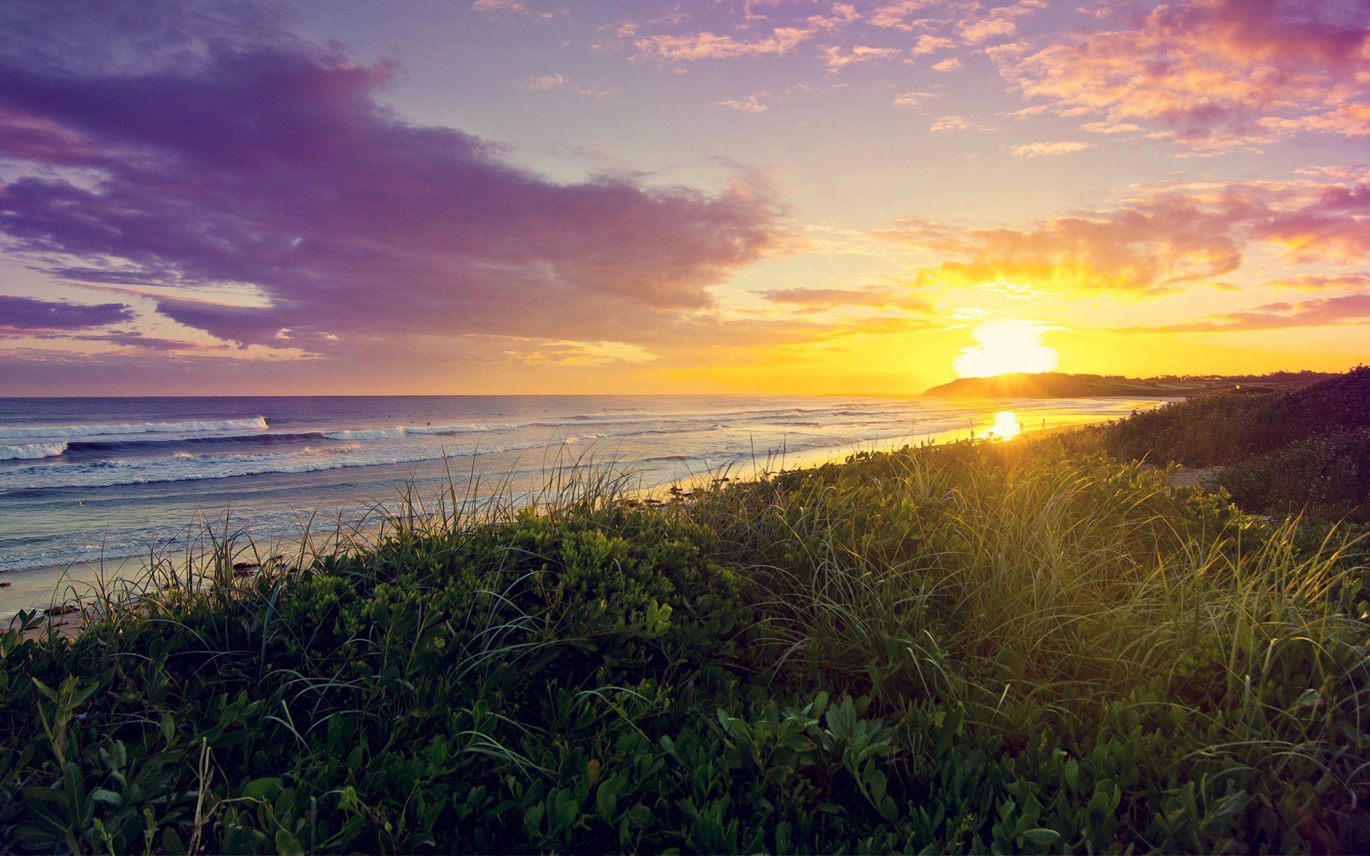 sea beach sunset grass sun clouds