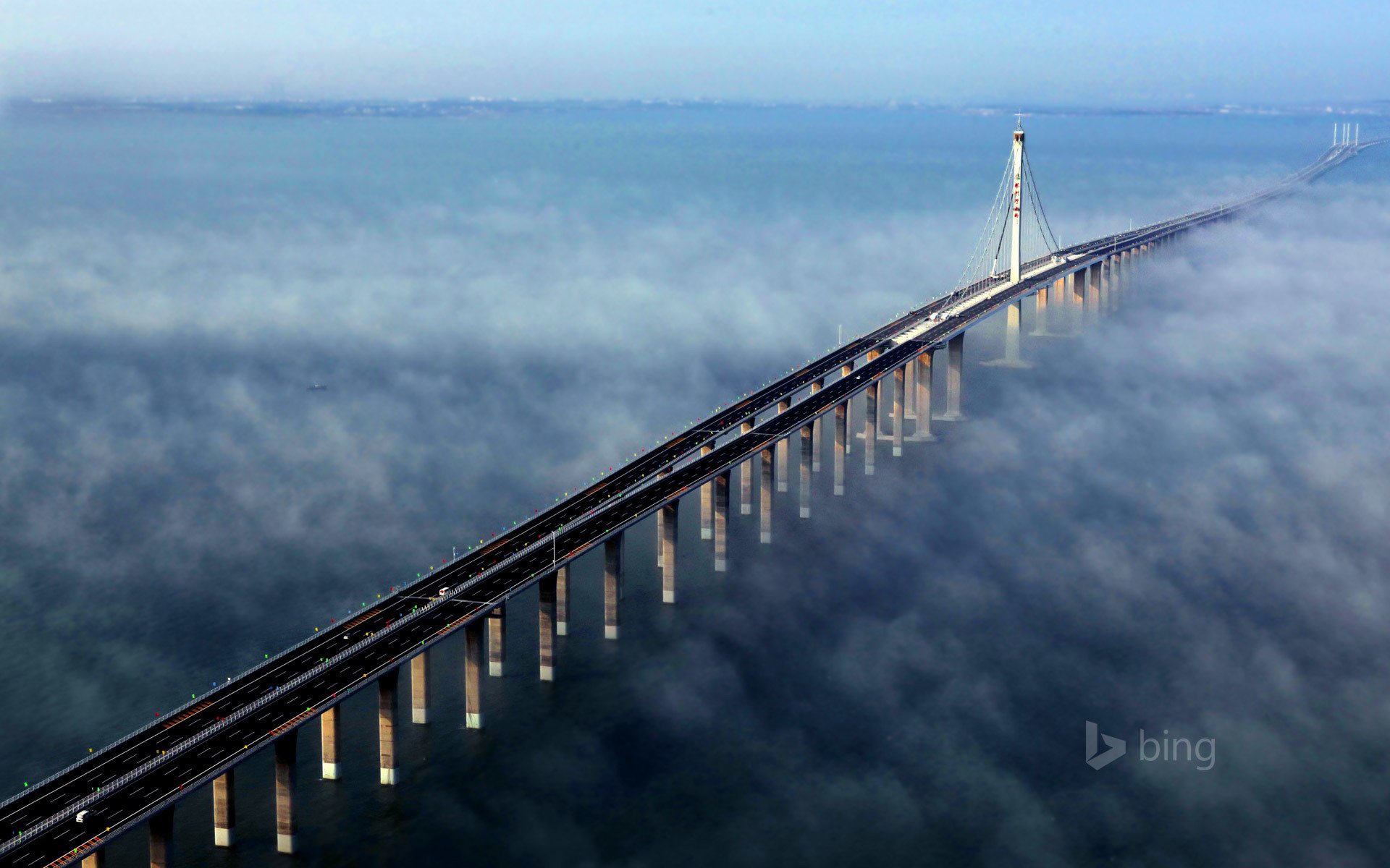 sea bridge support china sky fog