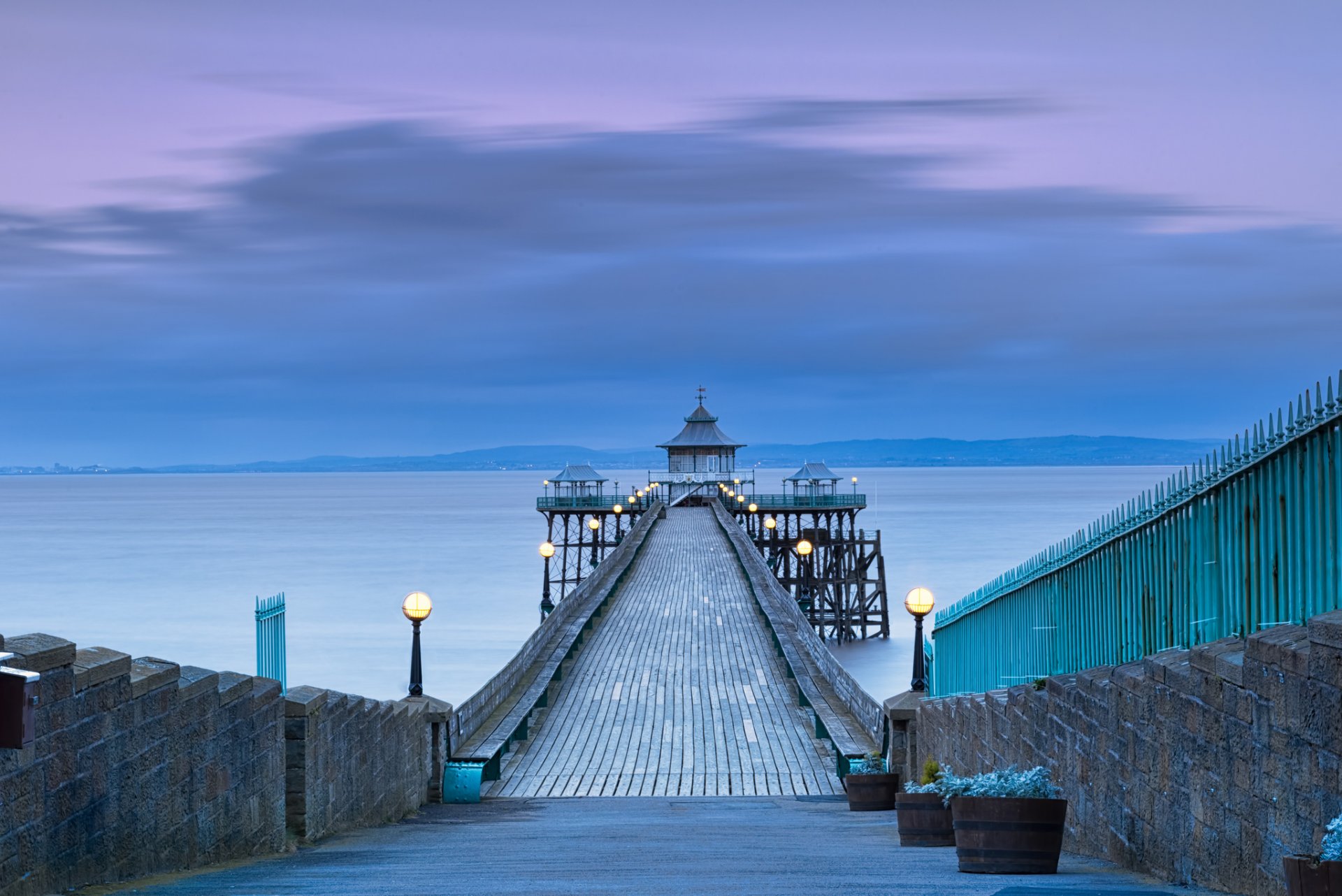 united kingdom england somerset county gulf pier lamps night lilac sky clouds