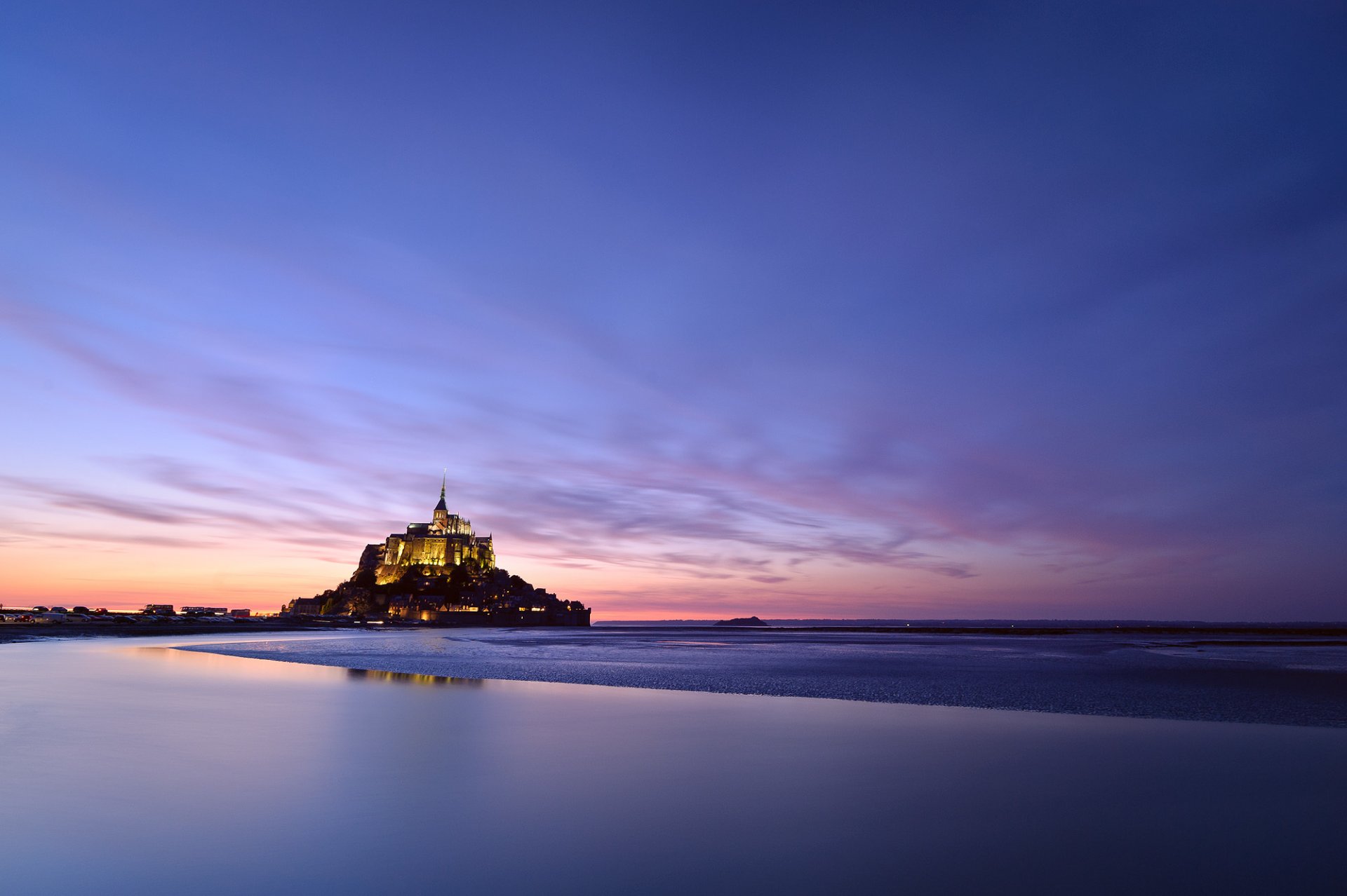 france normandy mont saint-michel island castle mont -saint-michel fortress lights light mount michael the archangel night sunset sky clouds
